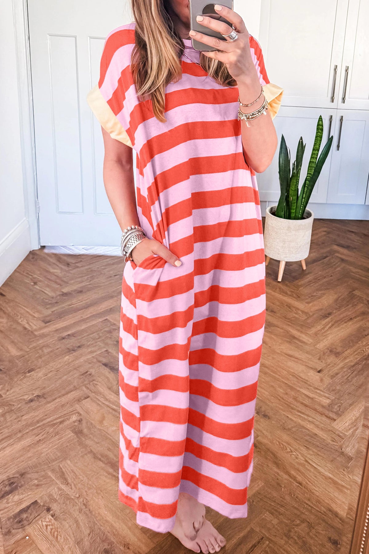 Rose Striped Pocket T-Shirt Maxi Dress