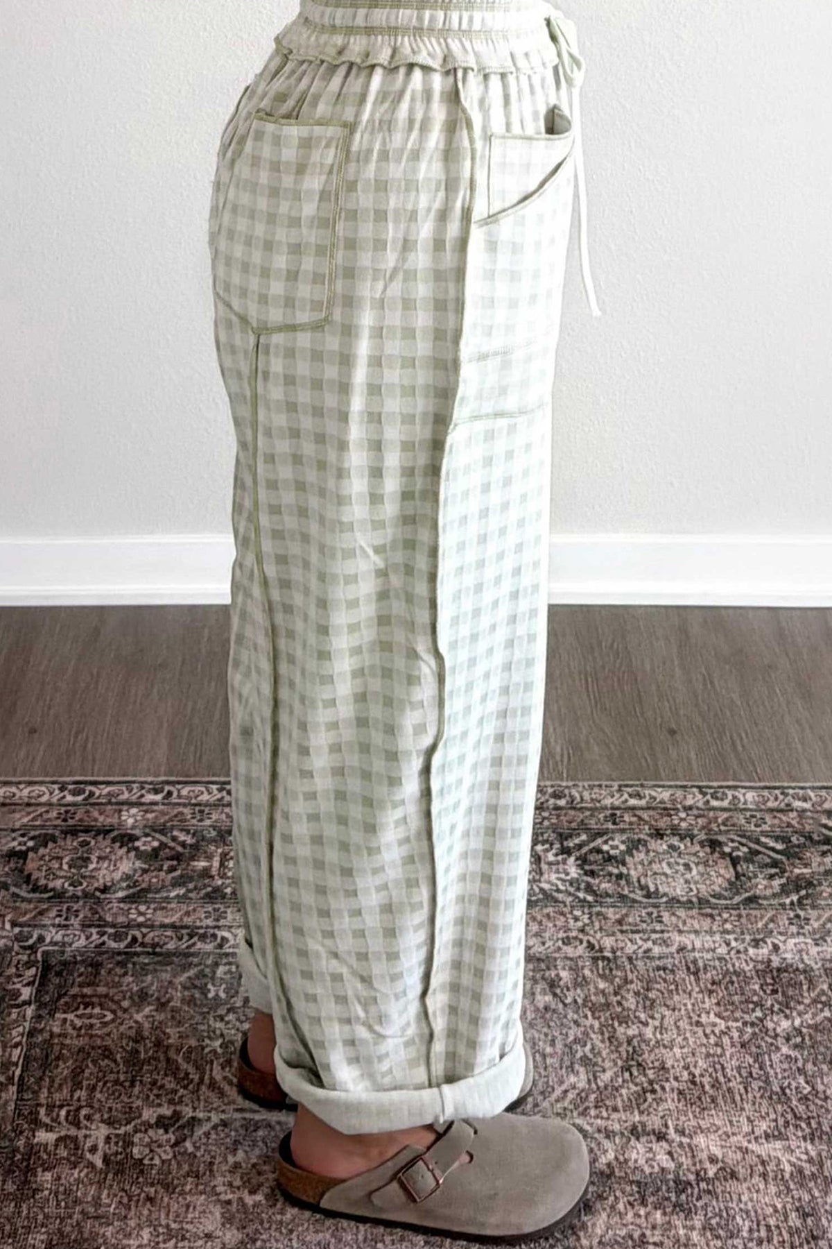 Brown Plaid Drawstring Casual Pants