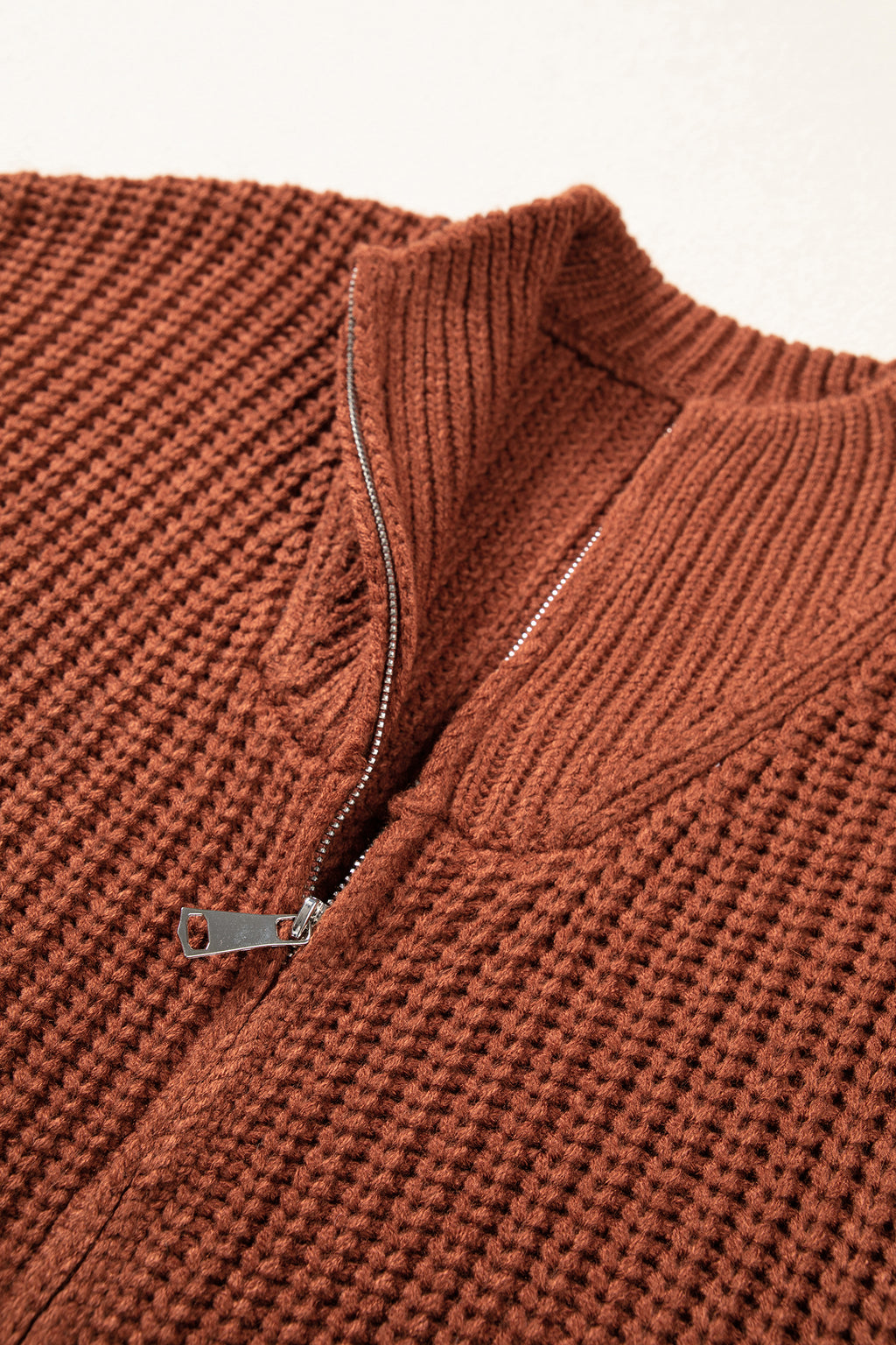 Cream Short-Sleeve Zip-Neck Knit Sweater
