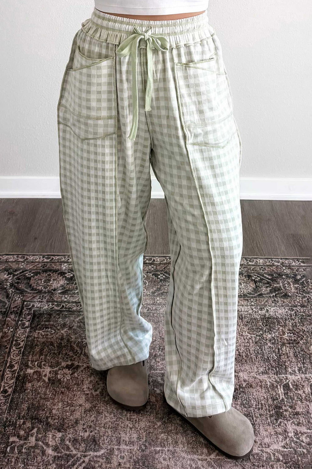 Brown Plaid Drawstring Casual Pants