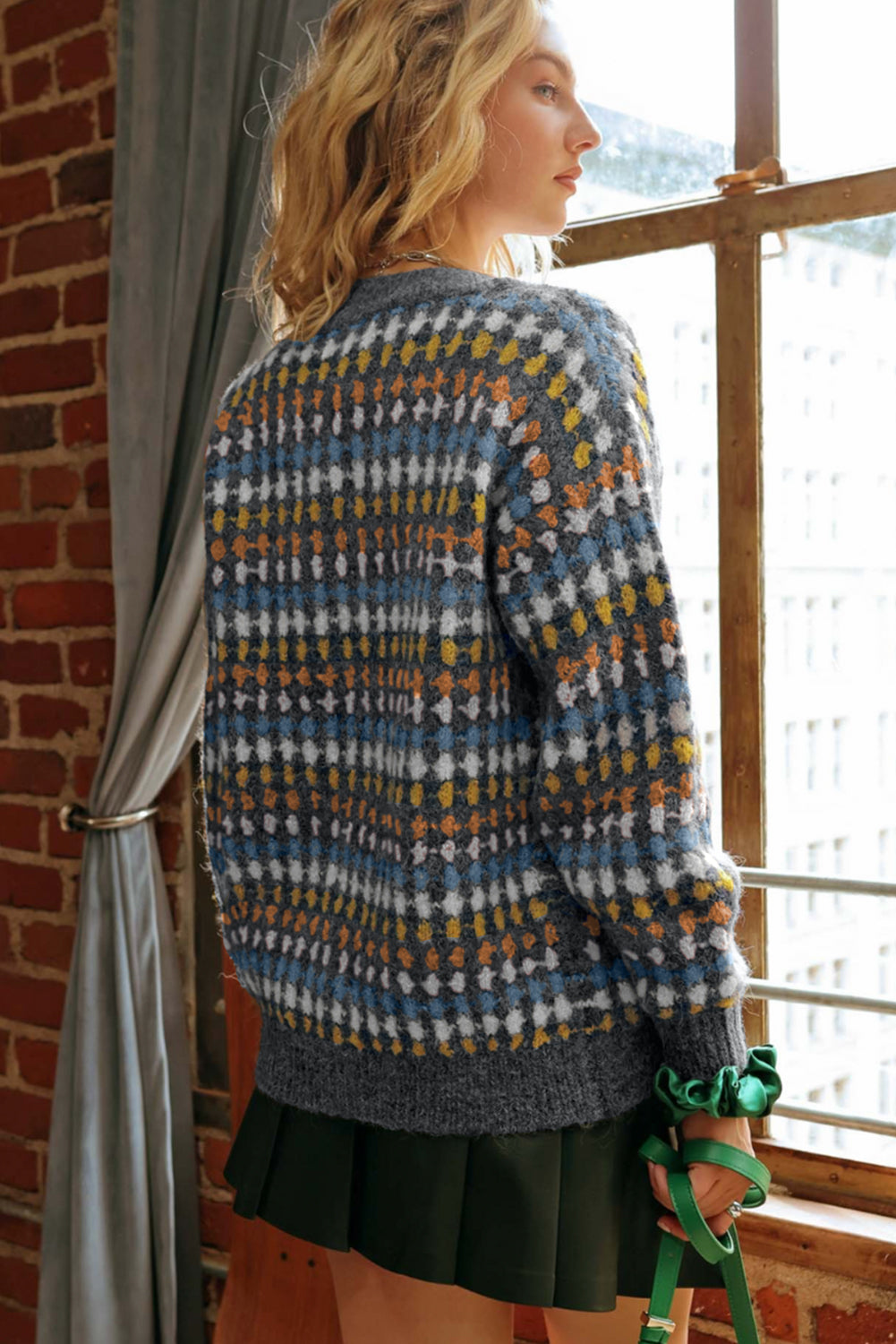 Multicolor Polka Dot V-Neck Knit Cardigan