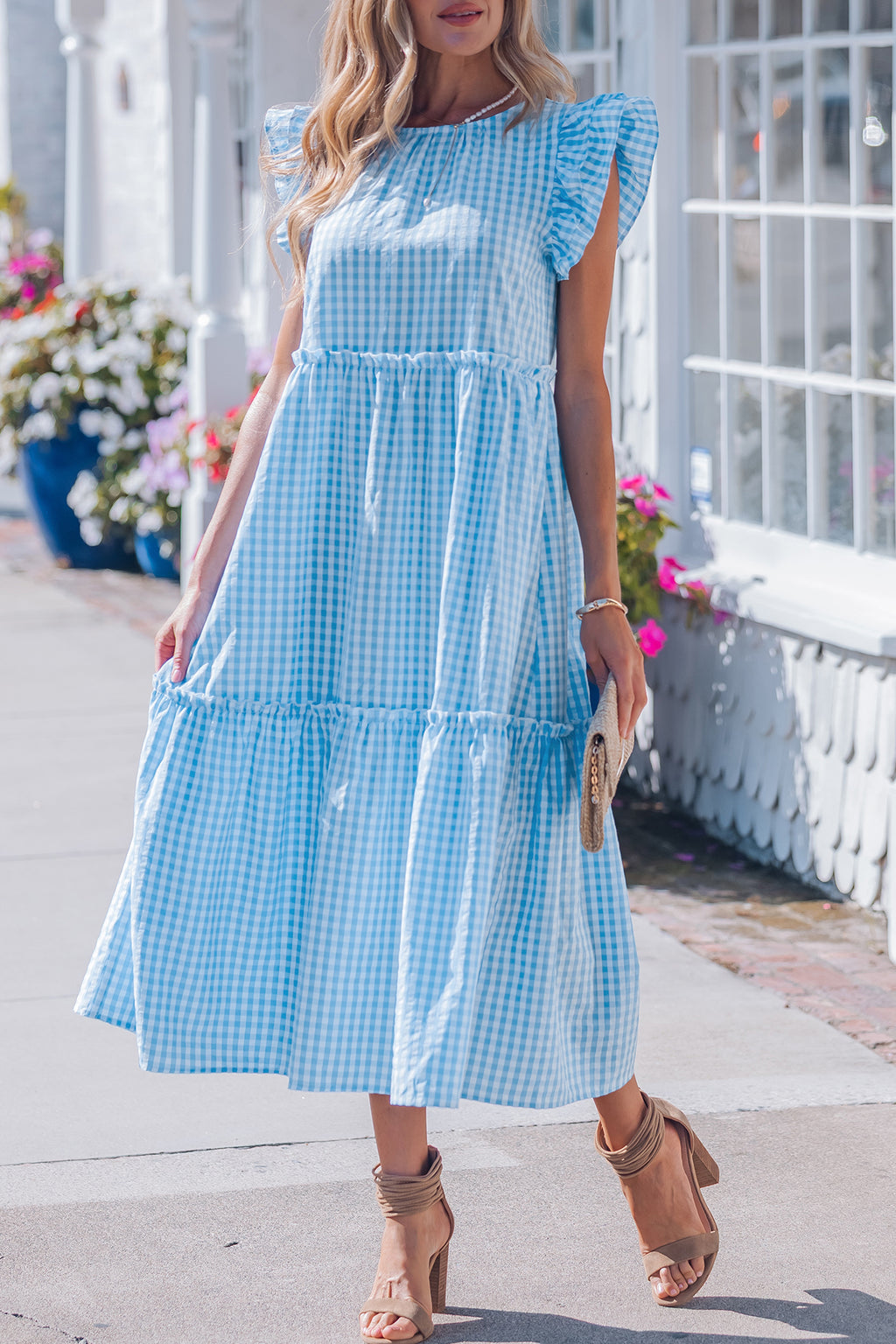 Sky Blue Gingham Ruffle-Sleeve Maxi Dress