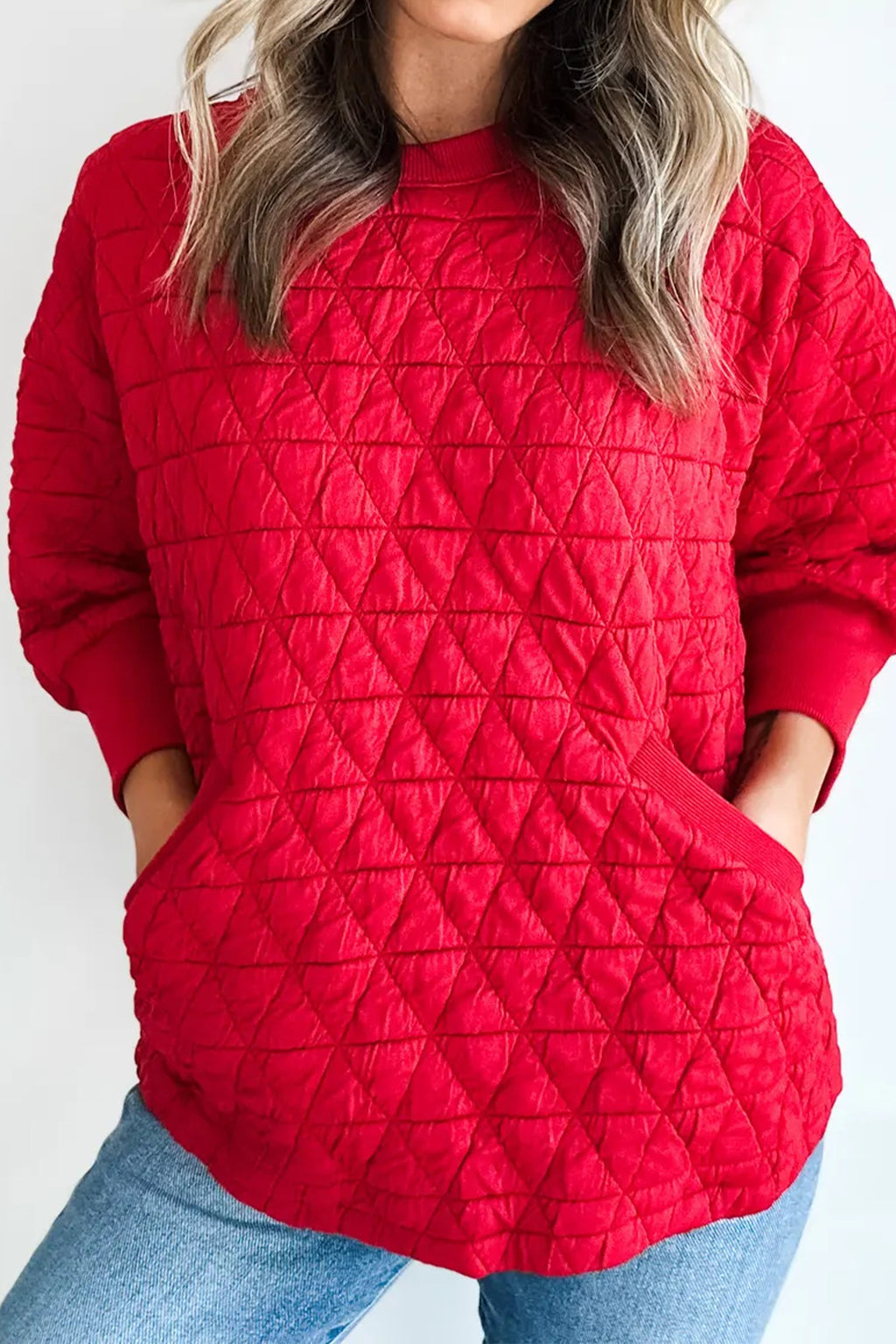 Red Quilted Three-Quarter Sleeve Pocket Top