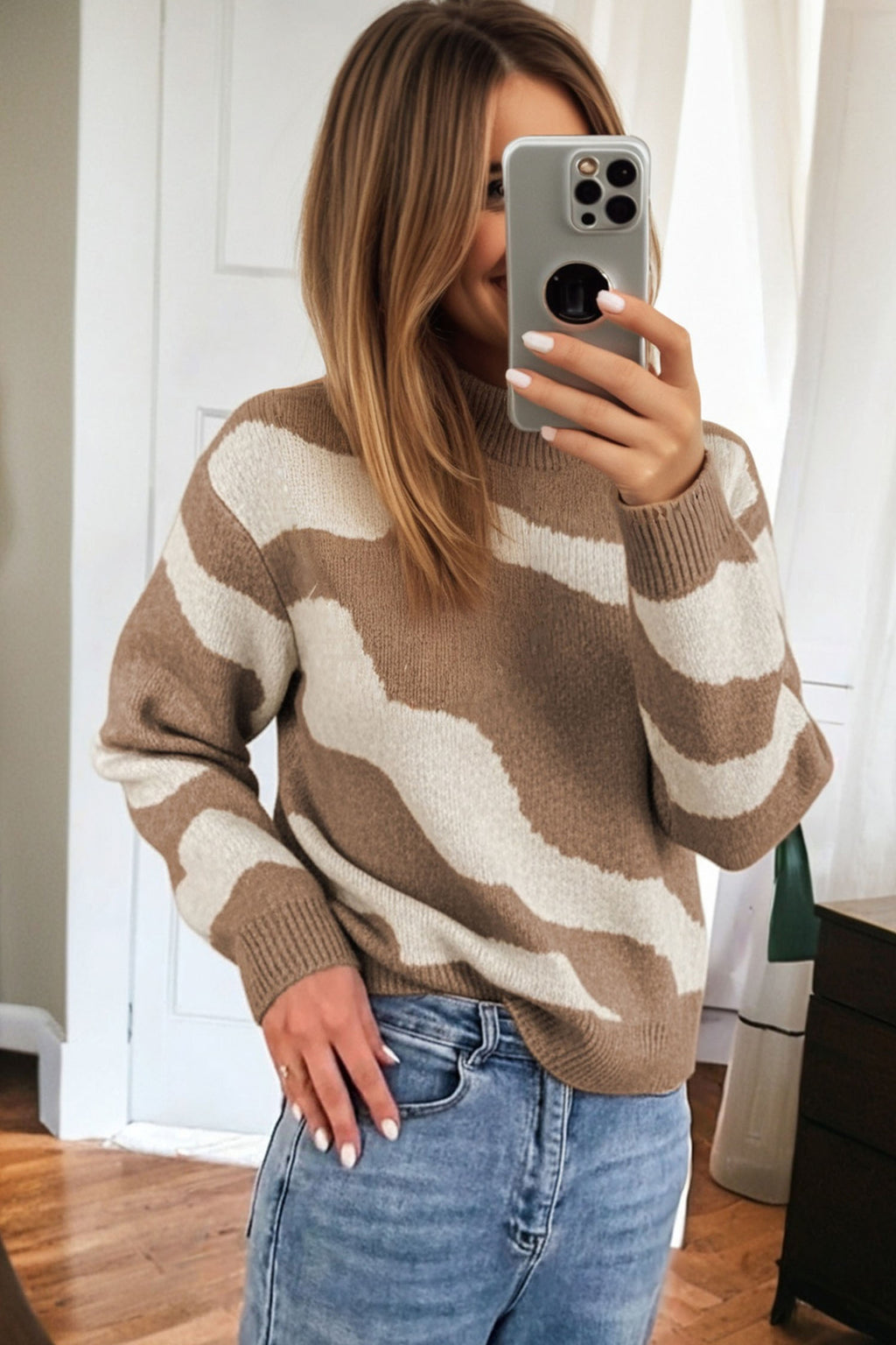 Dark Khaki Abstract Mock-Neck Knit Sweater