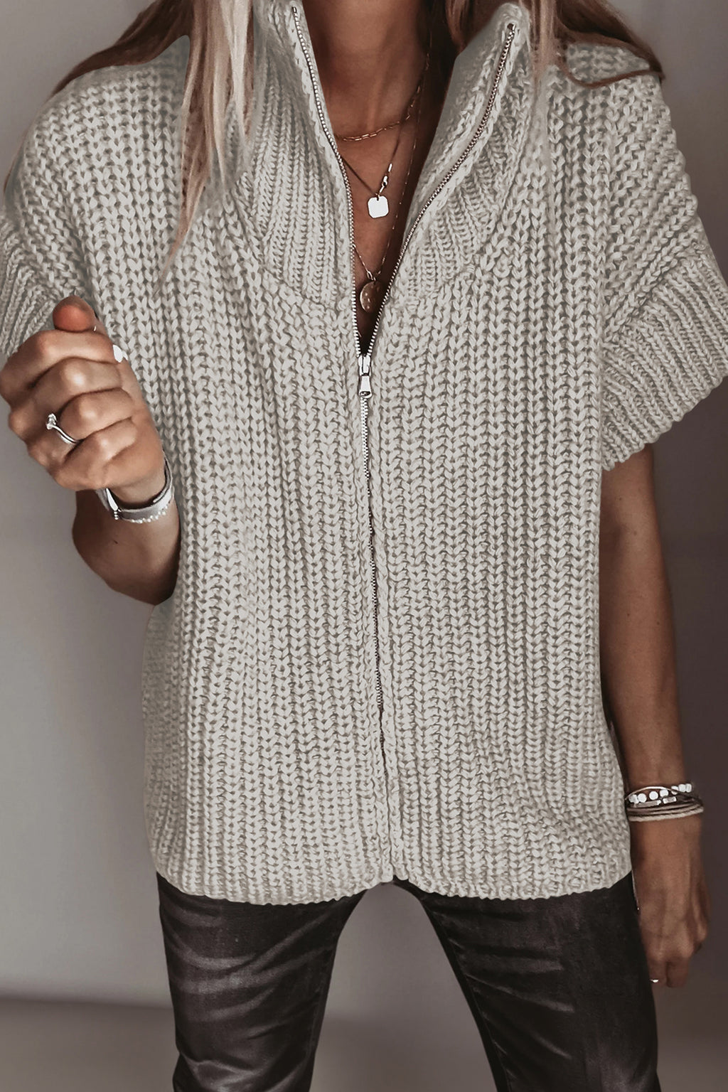 Cream Short-Sleeve Zip-Neck Knit Sweater