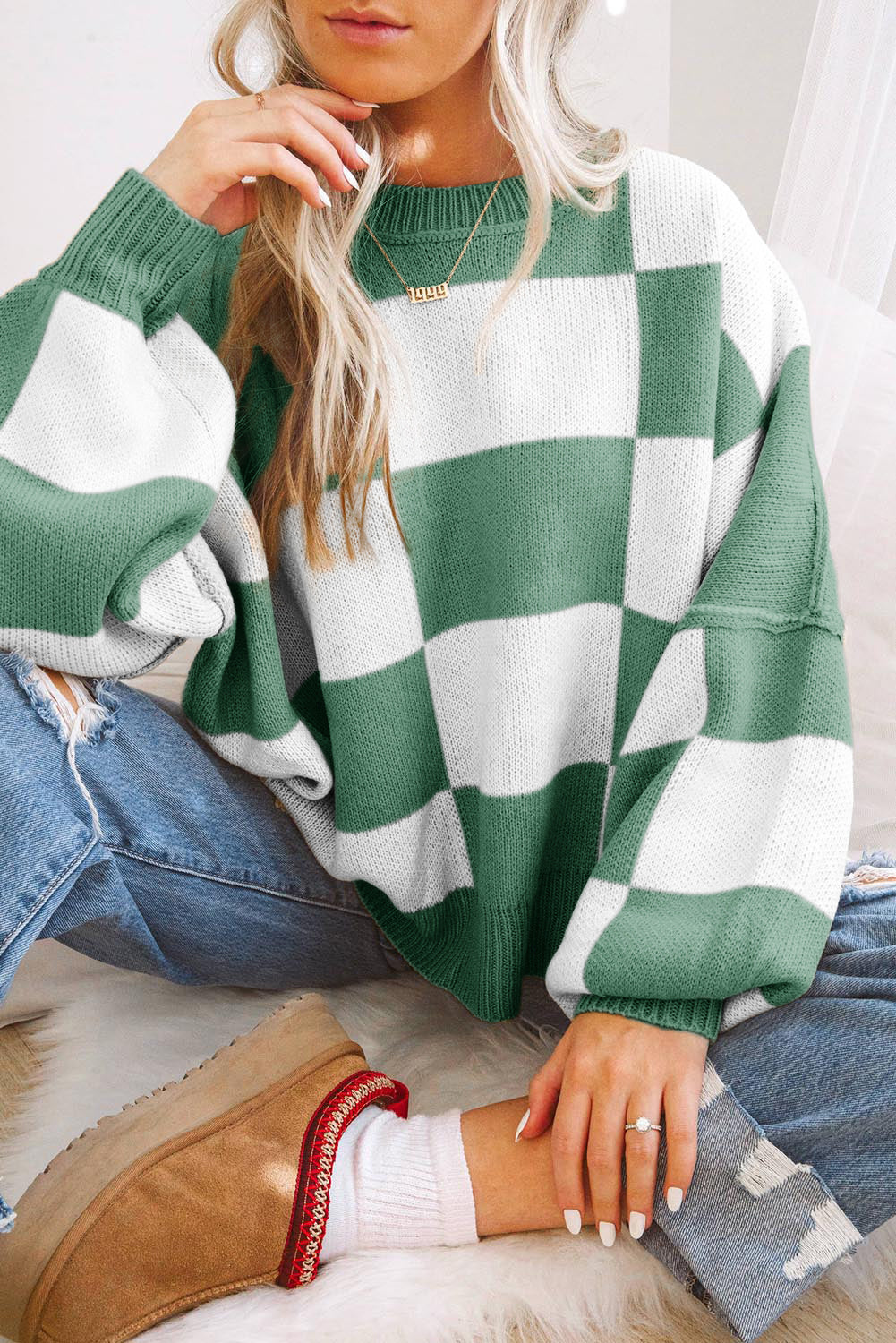 Orange Checkered Bishop-Sleeve Sweater