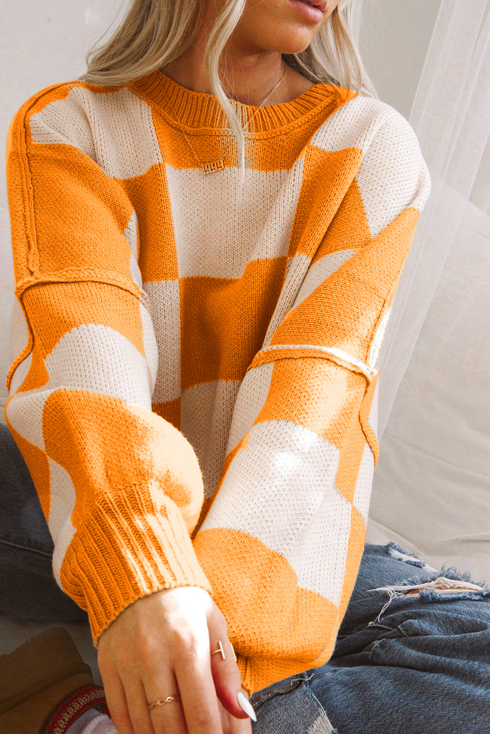 Orange Checkered Bishop-Sleeve Sweater