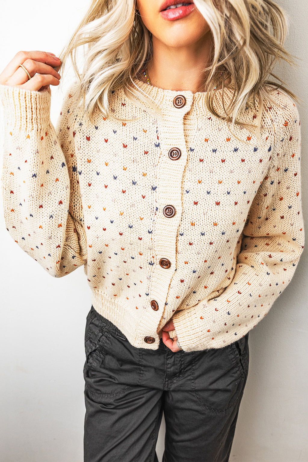 Beige Geometric Button-Front Cardigan from ARVELA