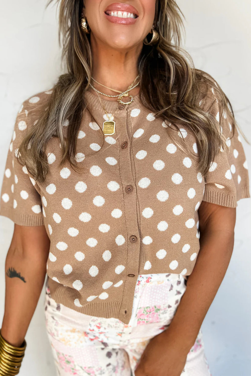 Dark Khaki Polka Dot Short-Sleeve Knit Cardigan