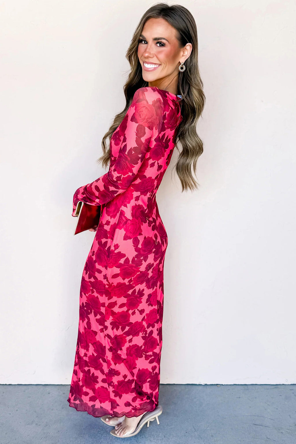 Red Floral Long-Sleeve Sheath Dress