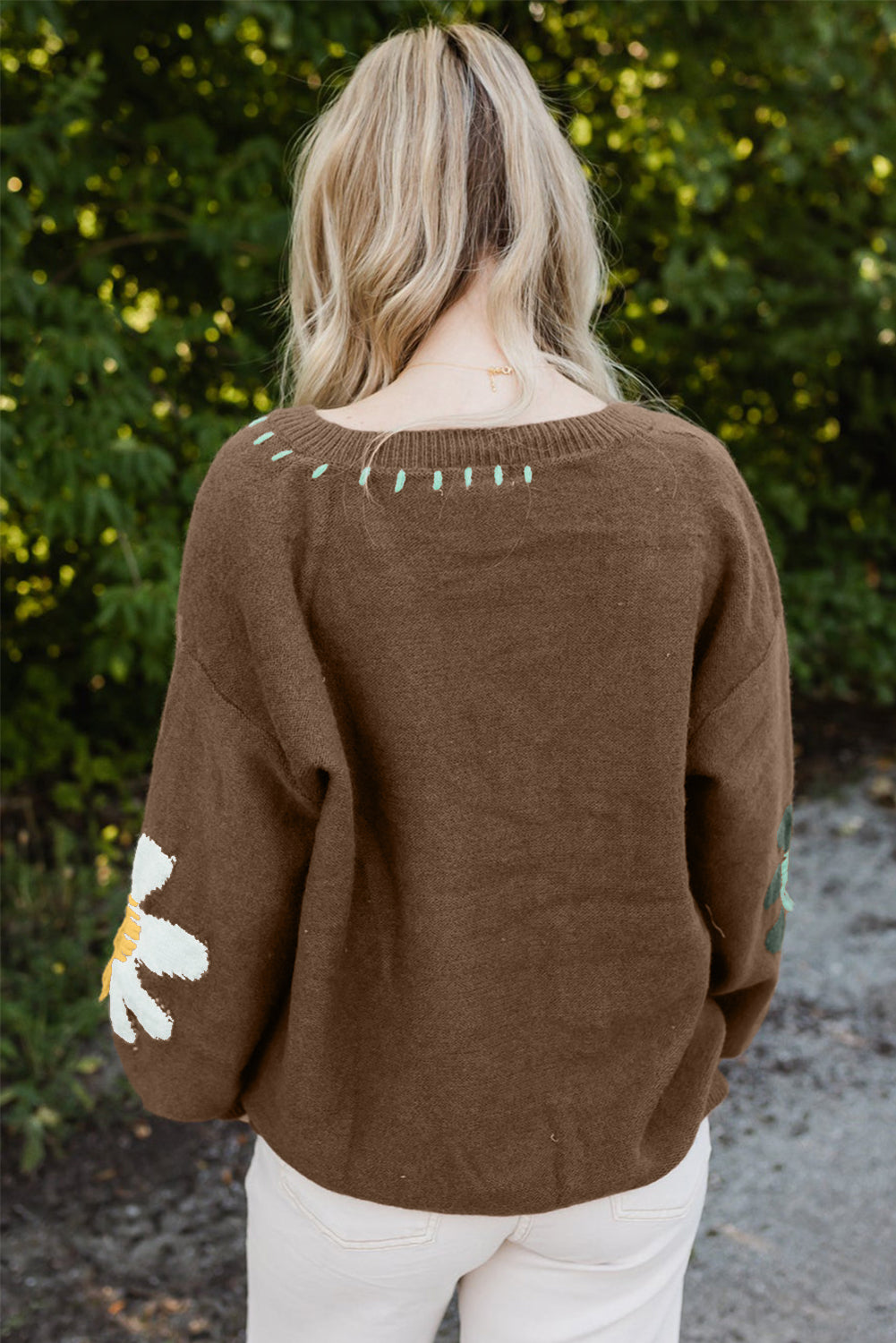Coffee Brown Floral V-Neck Knit Sweater