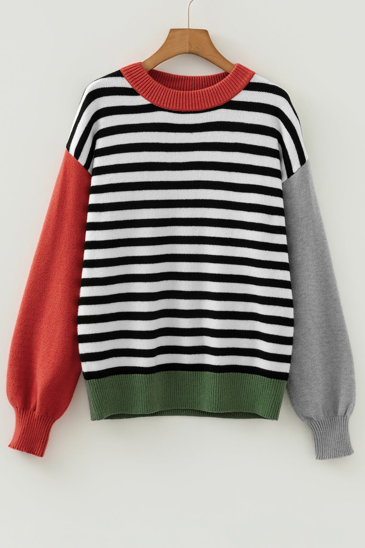 Black Striped Colorblock-Sleeve Sweater