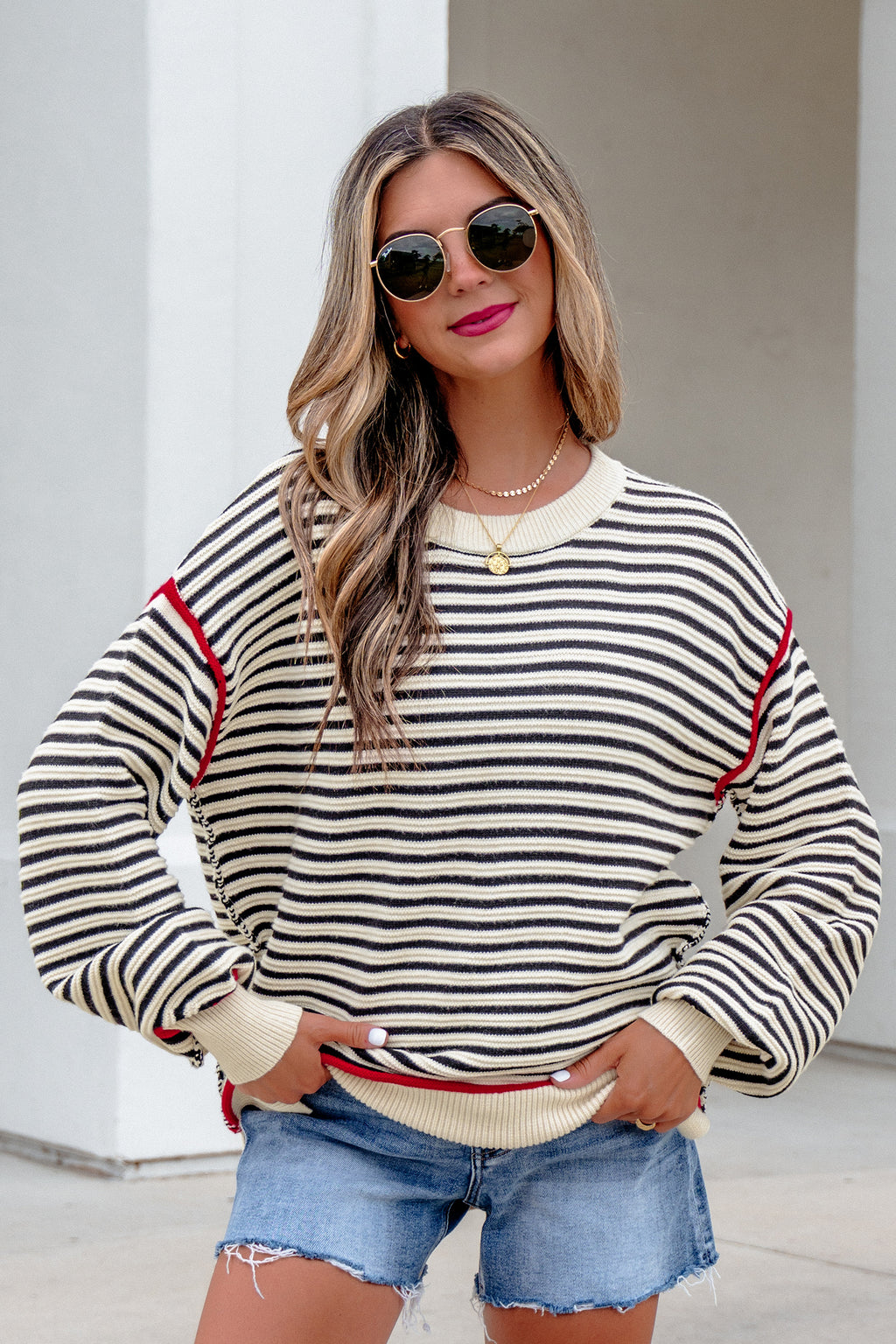 Black Striped Oversized Drop-Shoulder Sweater
