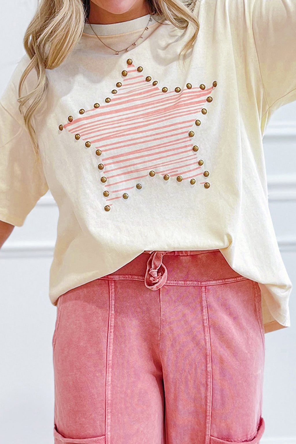 Beige Star-Print Studded Cotton Top from ARVELA
