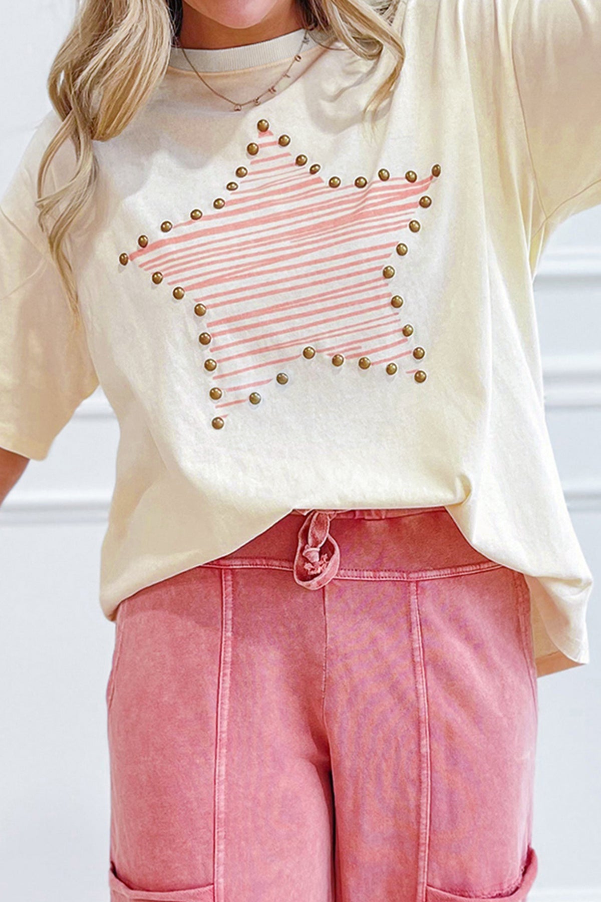 Beige Star-Print Studded Cotton Top from ARVELA