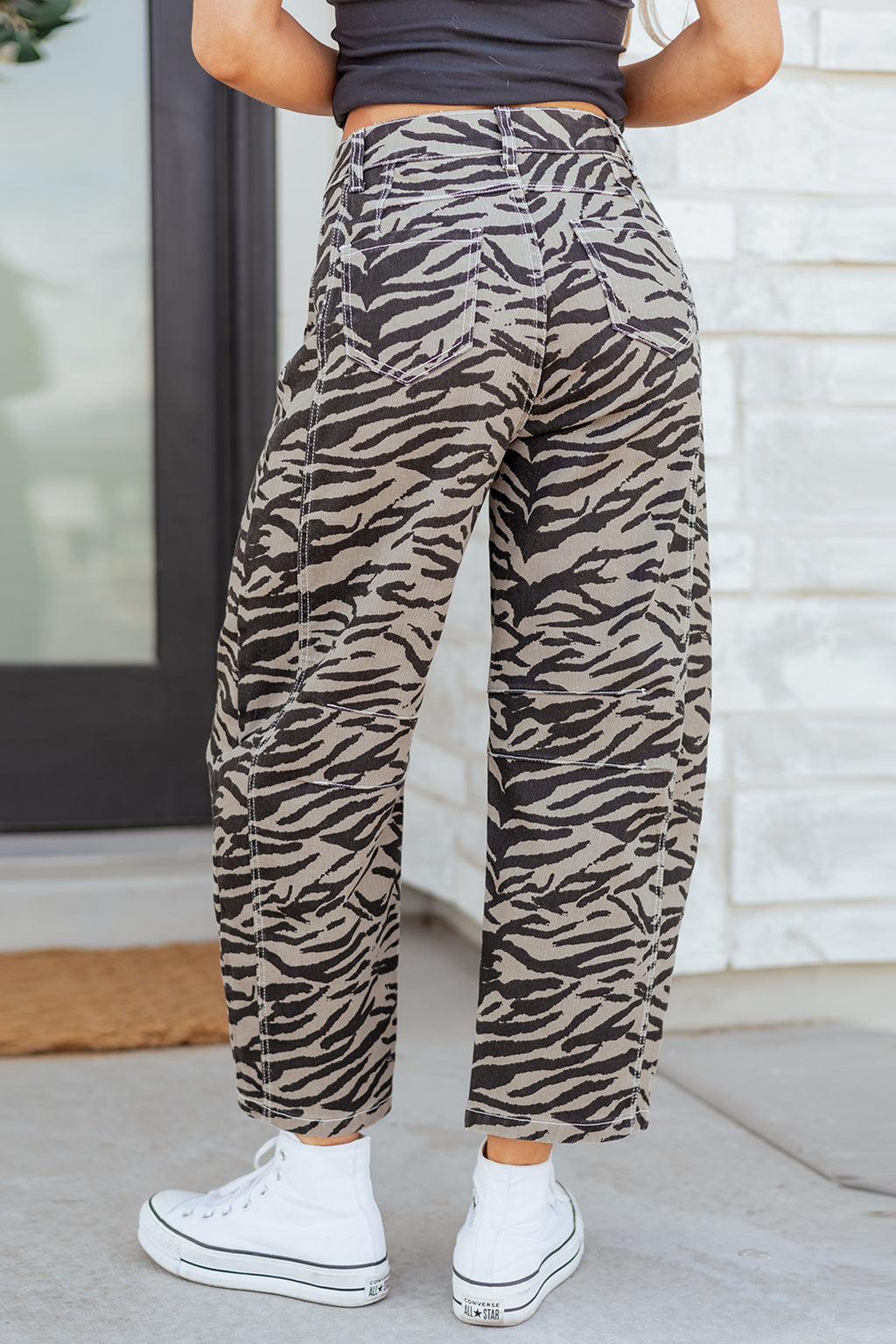 Gray Zebra-Print Barrel-Leg Jeans