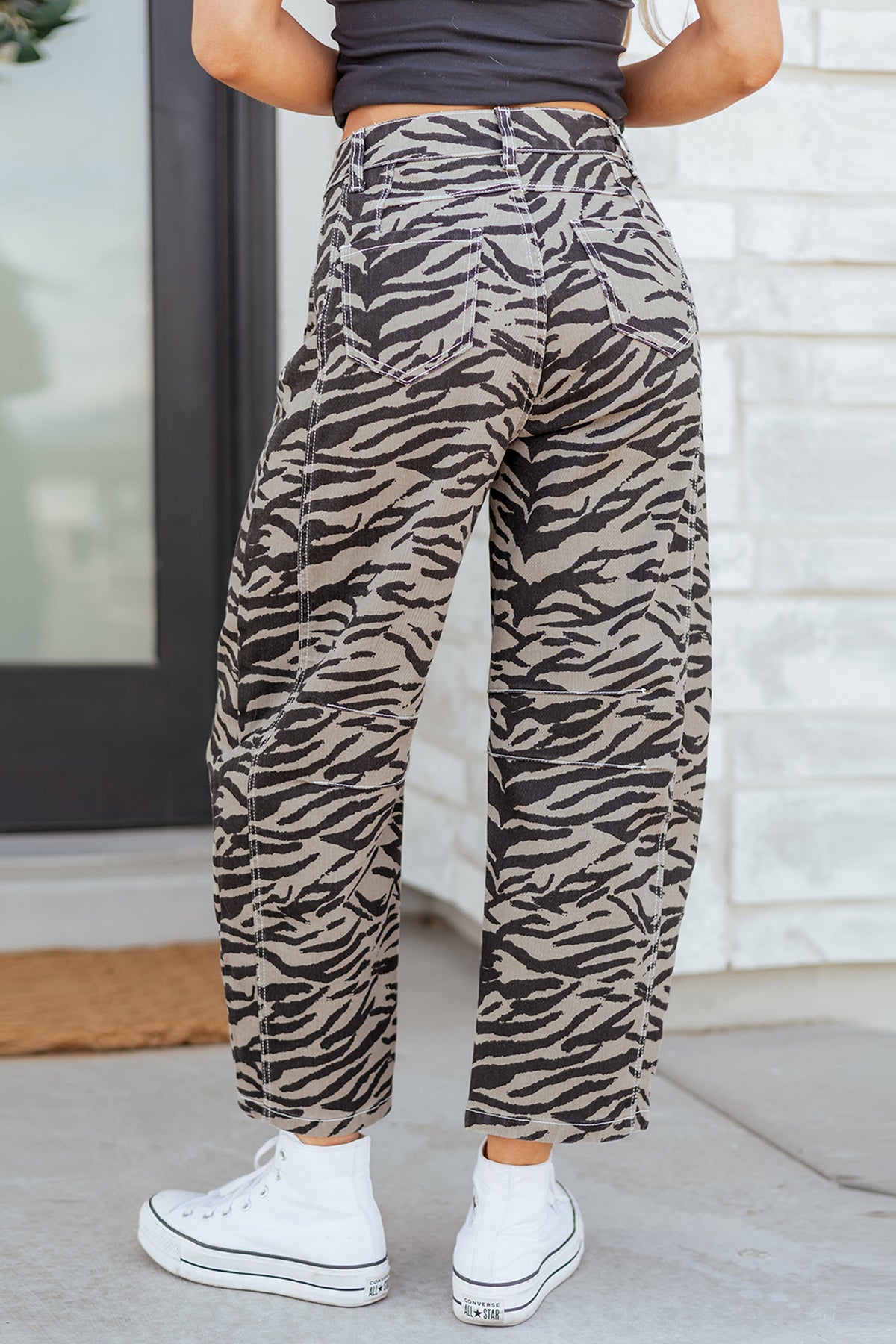 Gray Zebra-Print Barrel-Leg Jeans