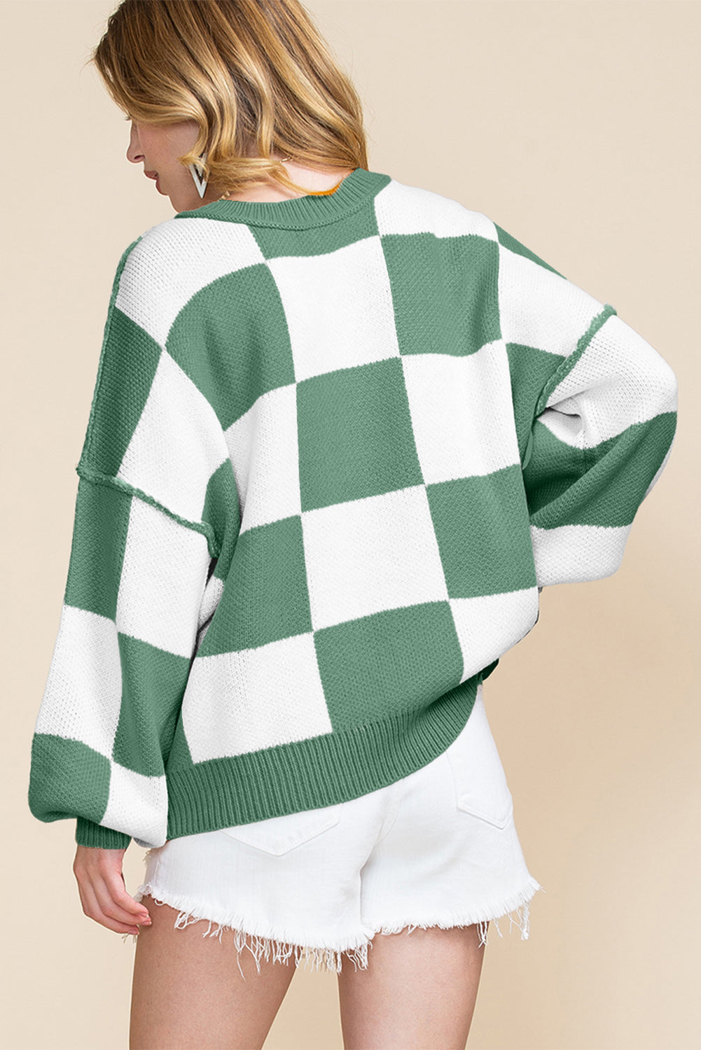 Orange Checkered Bishop-Sleeve Sweater