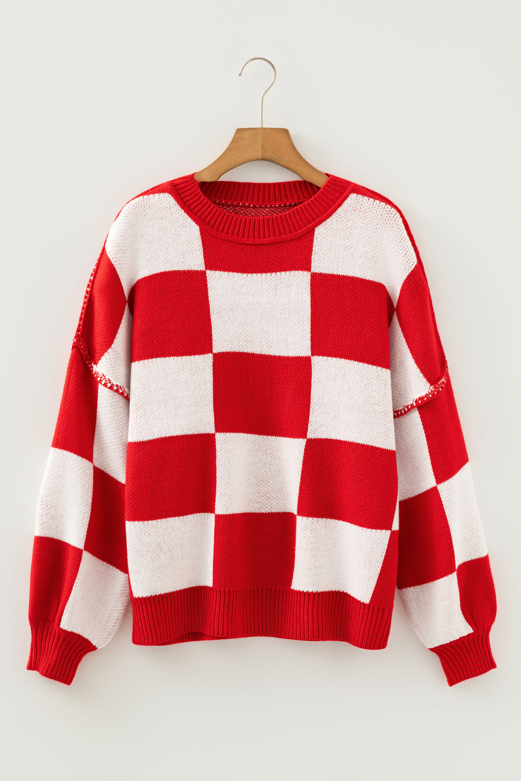 Orange Checkered Bishop-Sleeve Sweater