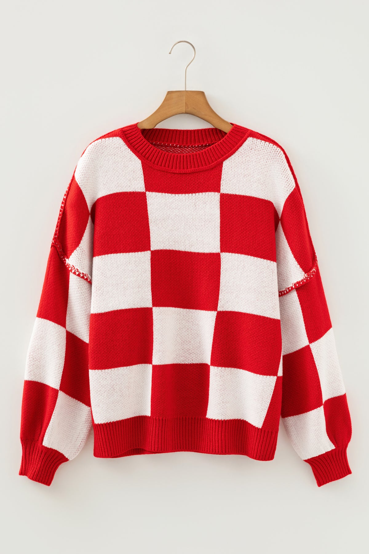 Orange Checkered Bishop-Sleeve Sweater
