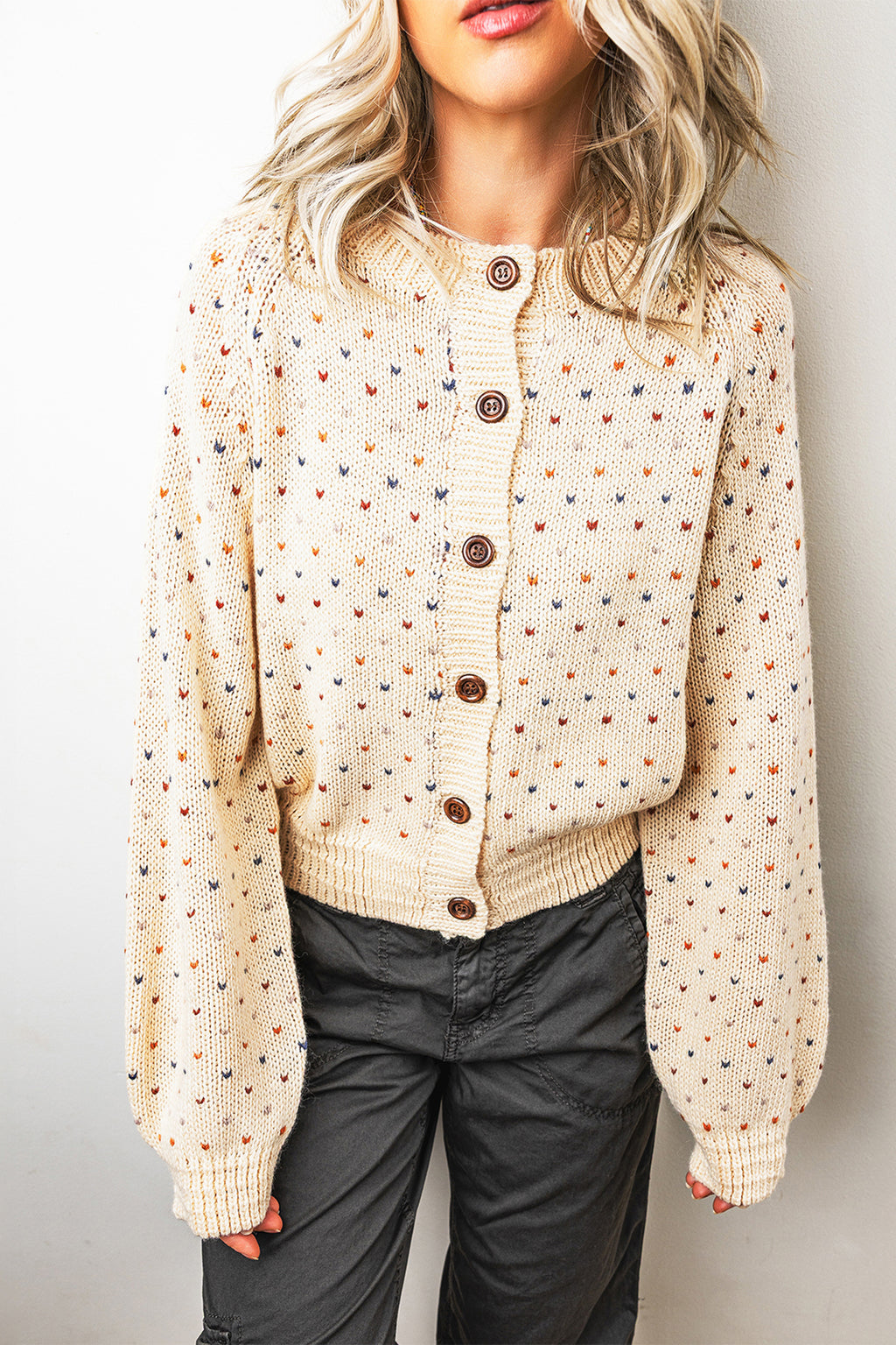 Beige Geometric Button-Front Cardigan