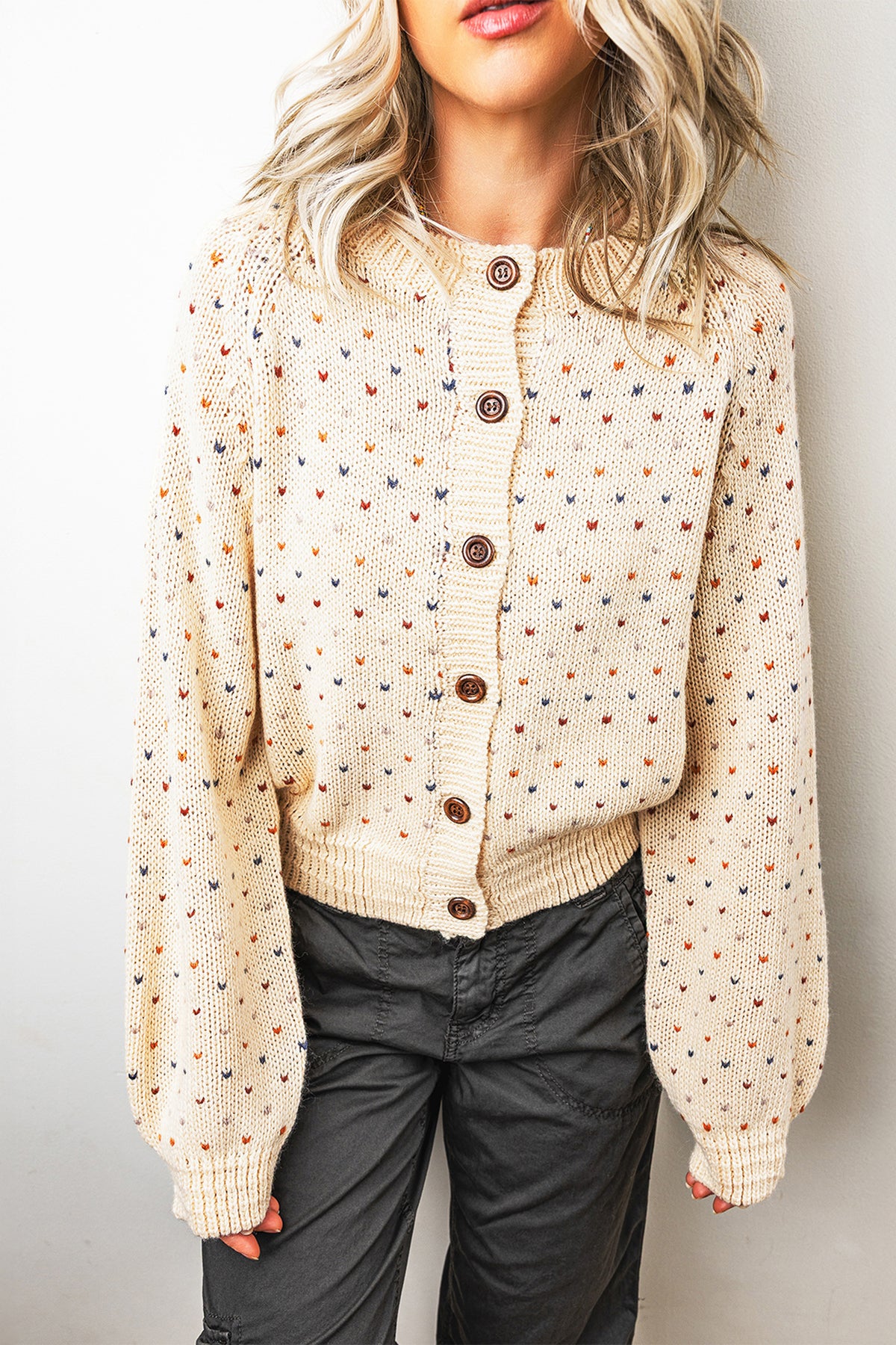 Beige Geometric Button-Front Cardigan