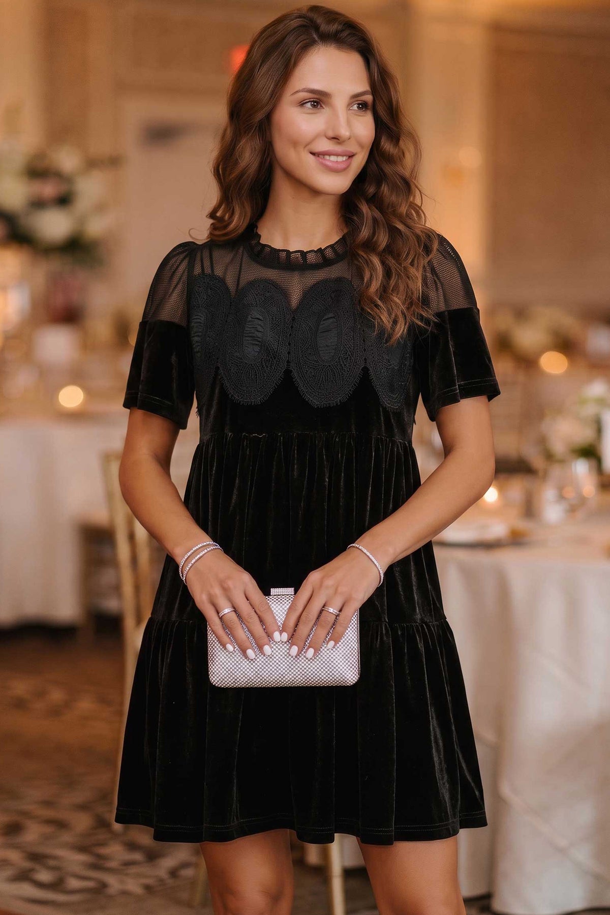 Black Embroidered Velvet Short-Sleeve Mini Dress