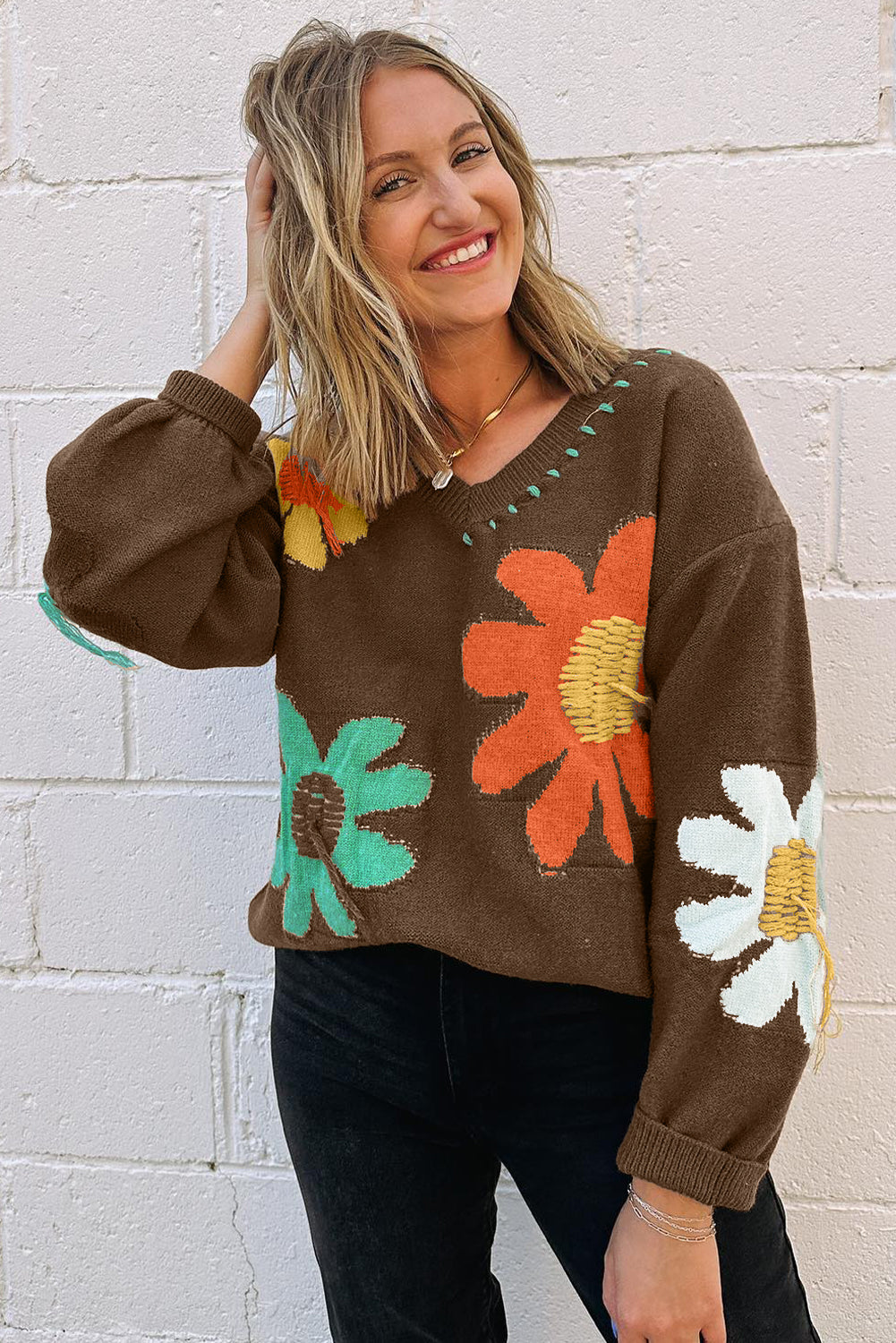 Coffee Brown Floral V-Neck Knit Sweater