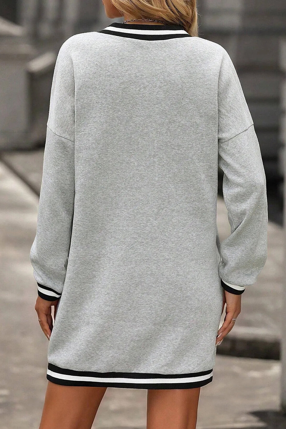 Light Gray Striped V-Neck T-Shirt Mini Dress
