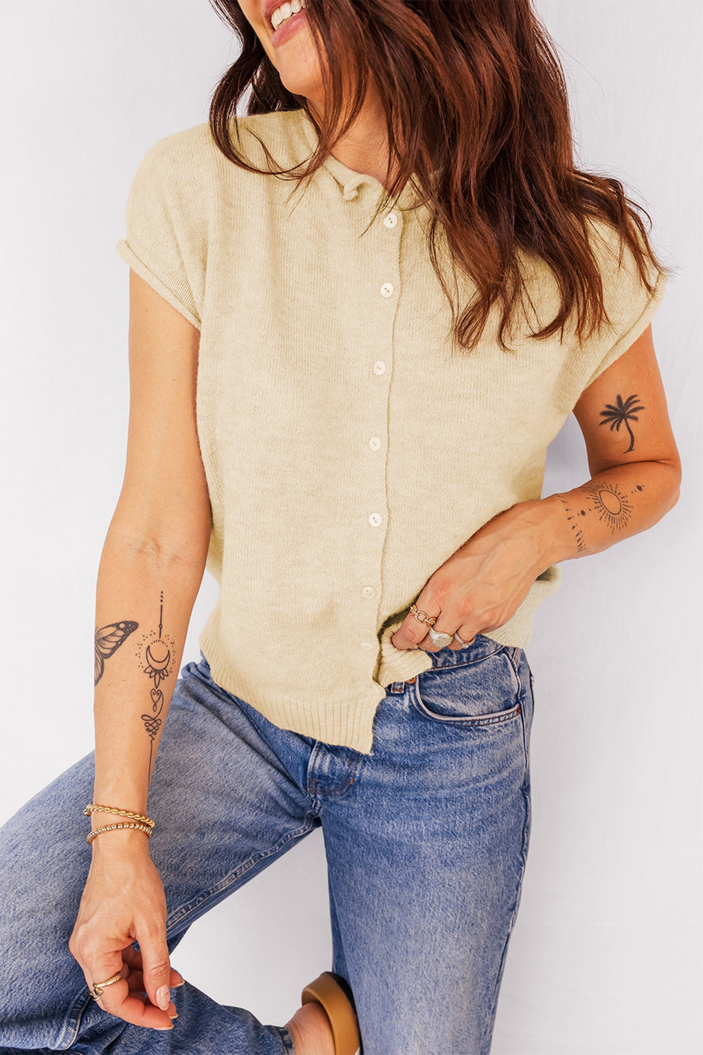 Apricot Button-Front Cap-Sleeve Knit Top