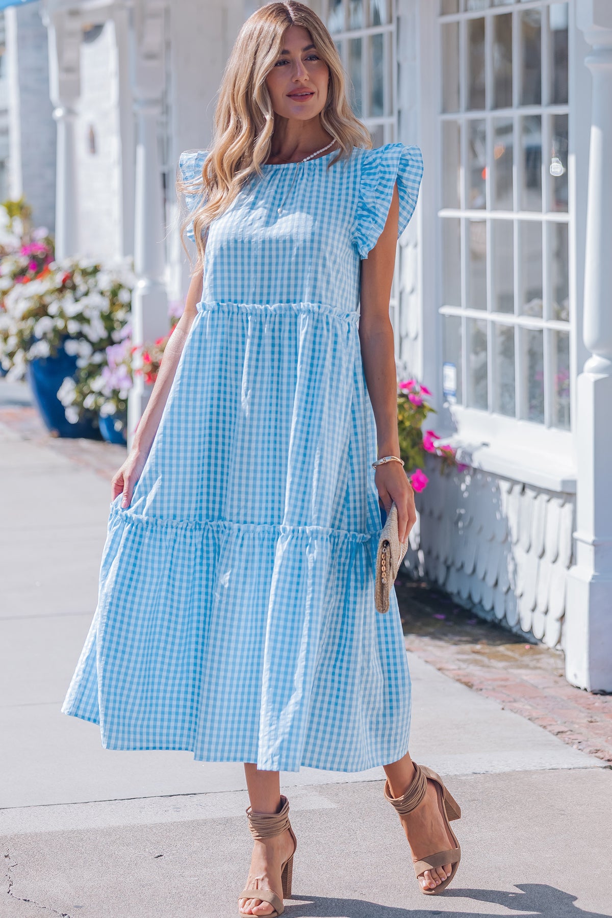 Sky Blue Gingham Ruffle-Sleeve Maxi Dress from ARVELA