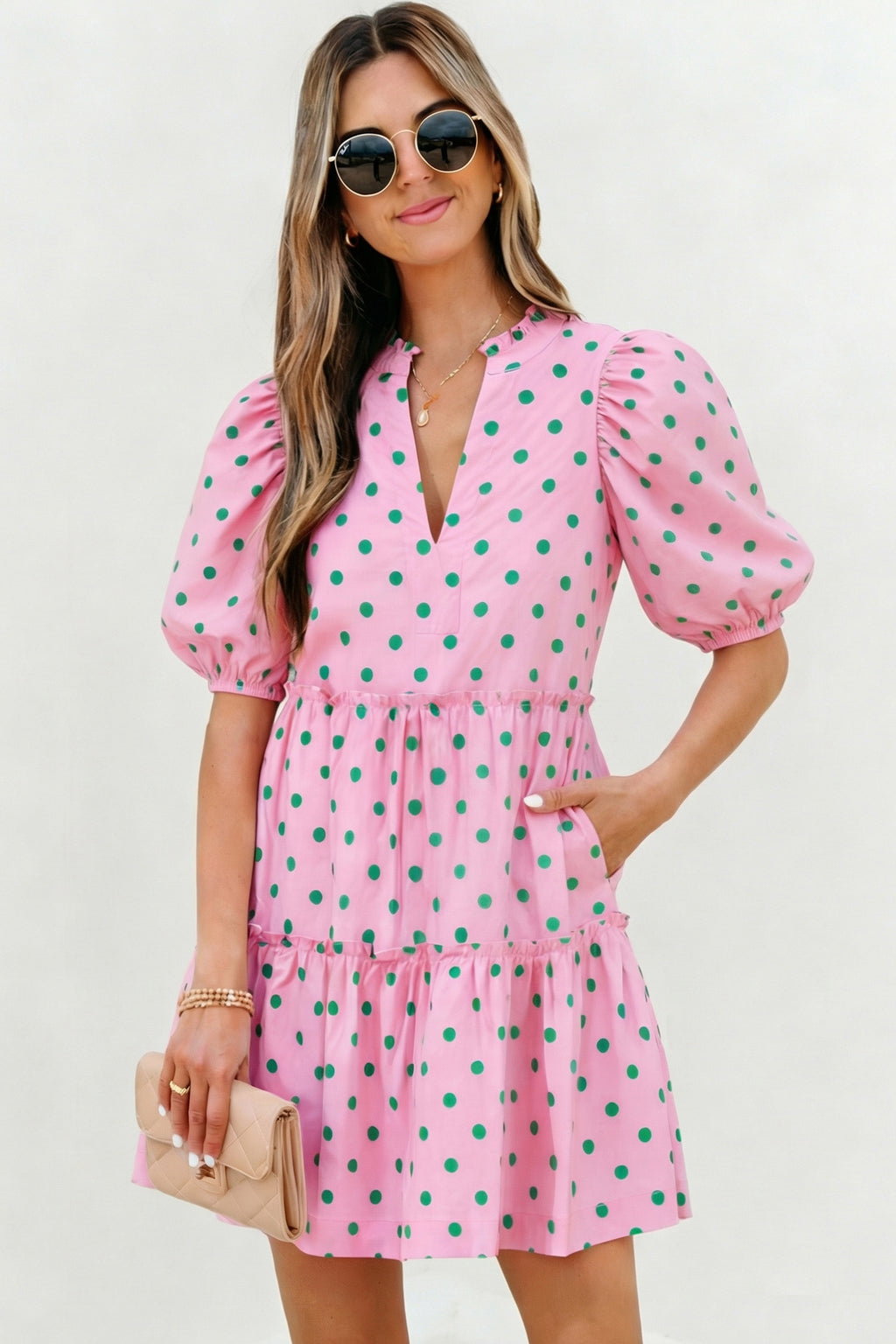 Pink Polka Dot V-Neck Tiered Mini Dress