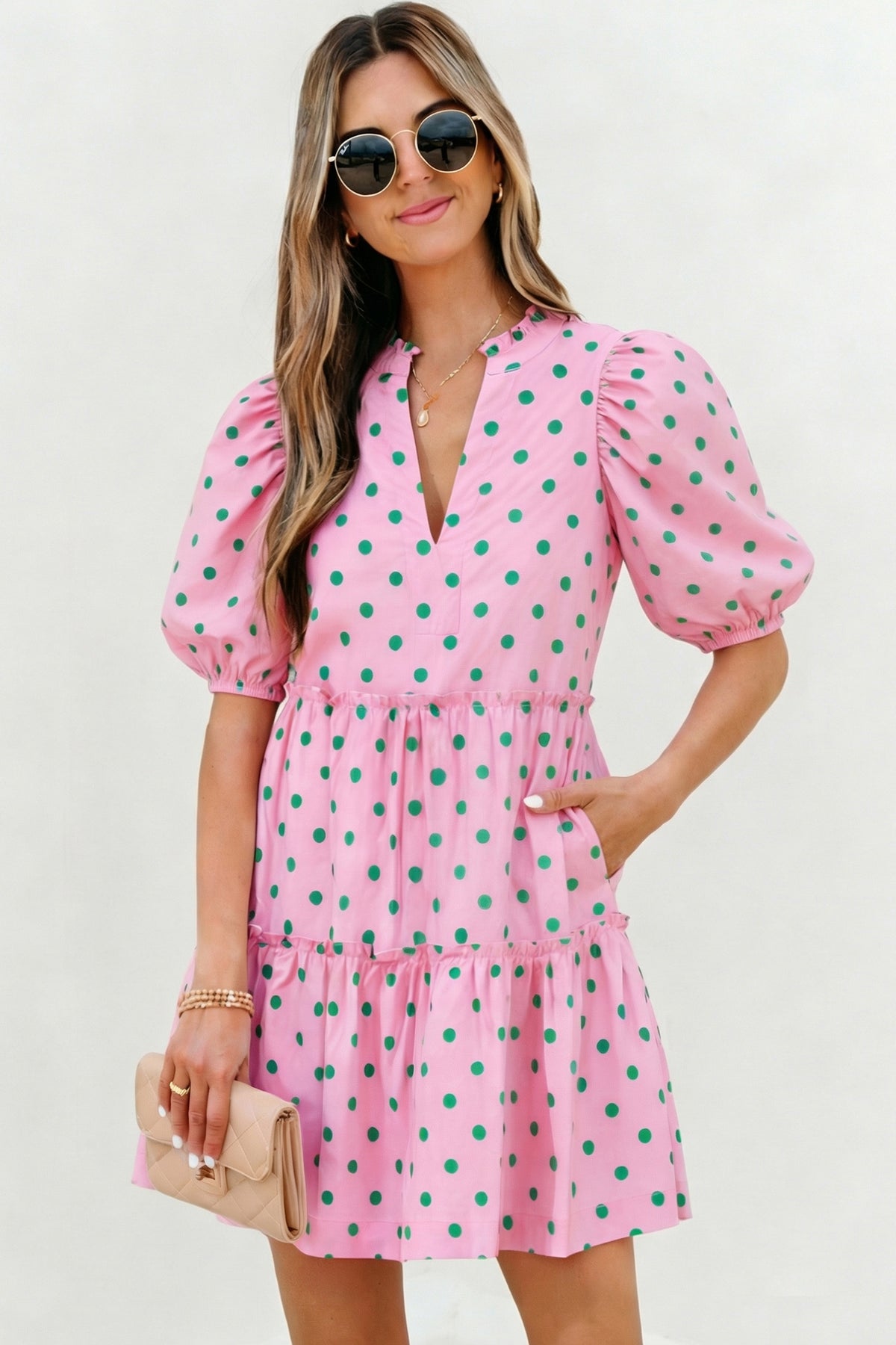 Pink Polka Dot V-Neck Tiered Mini Dress