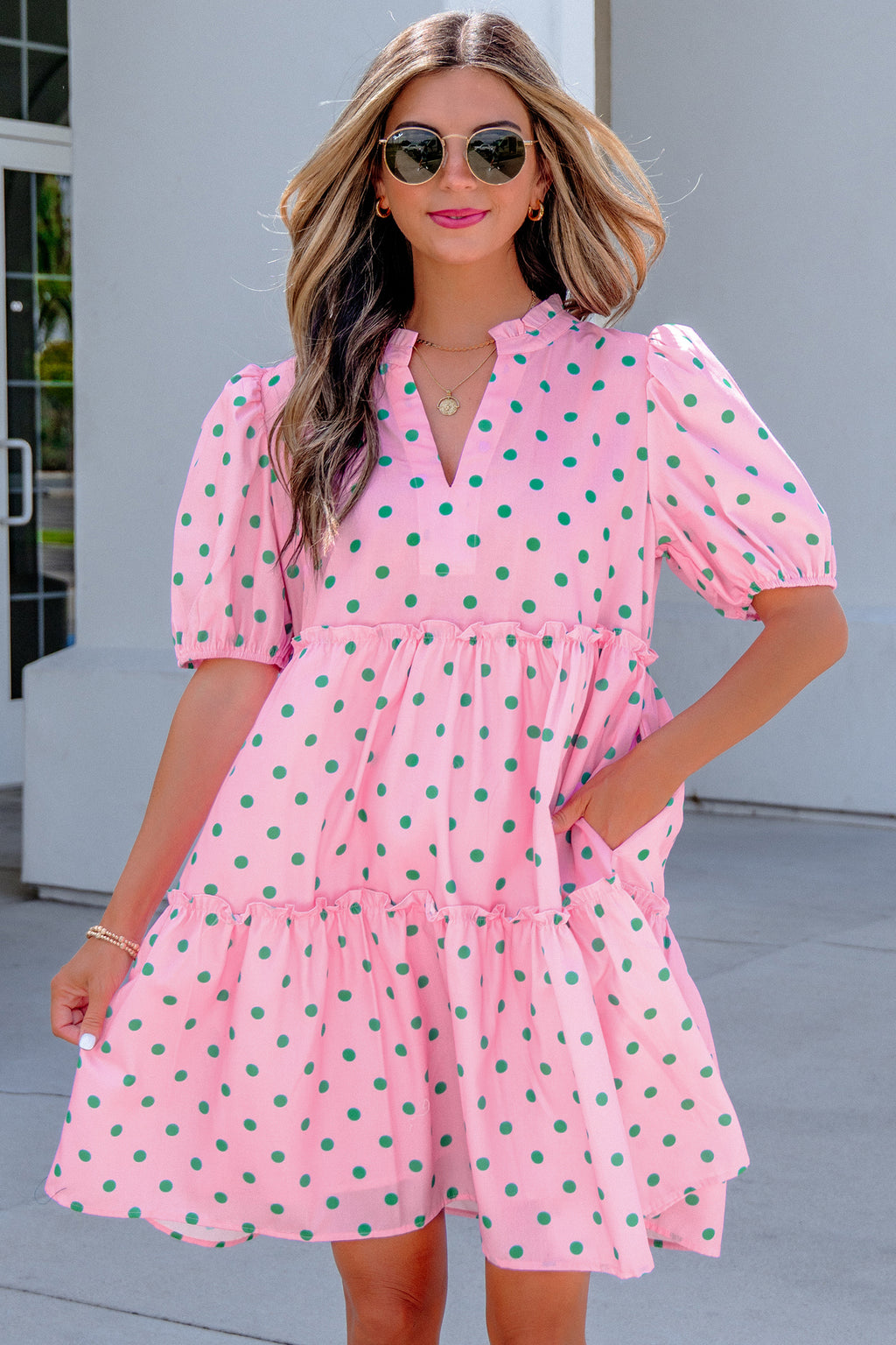 Pink Polka Dot V-Neck Tiered Mini Dress