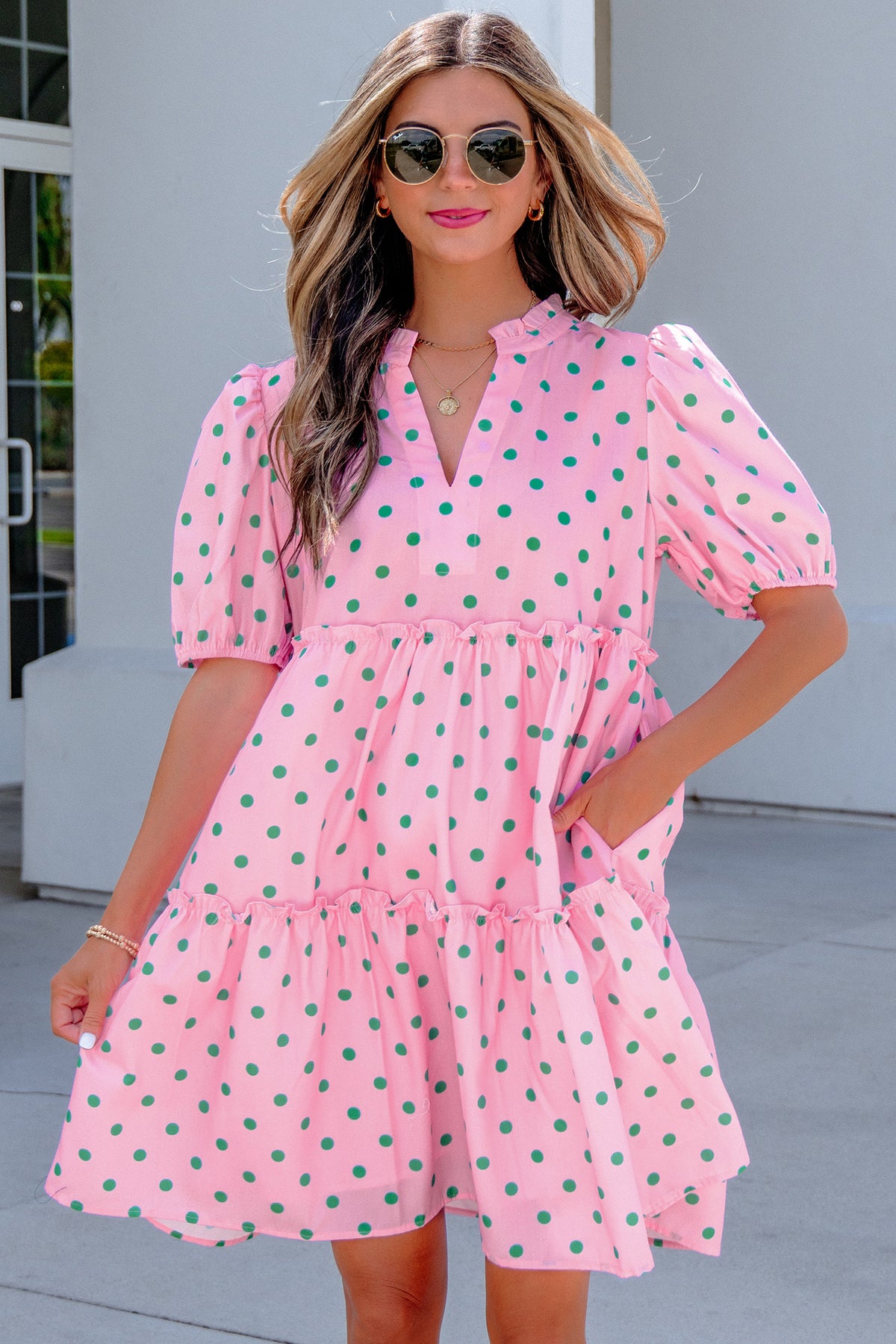 Pink Polka Dot V-Neck Tiered Mini Dress