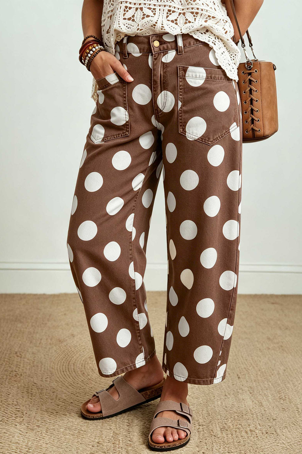 Brown Polka Dot Cropped Barrel-Leg Jeans