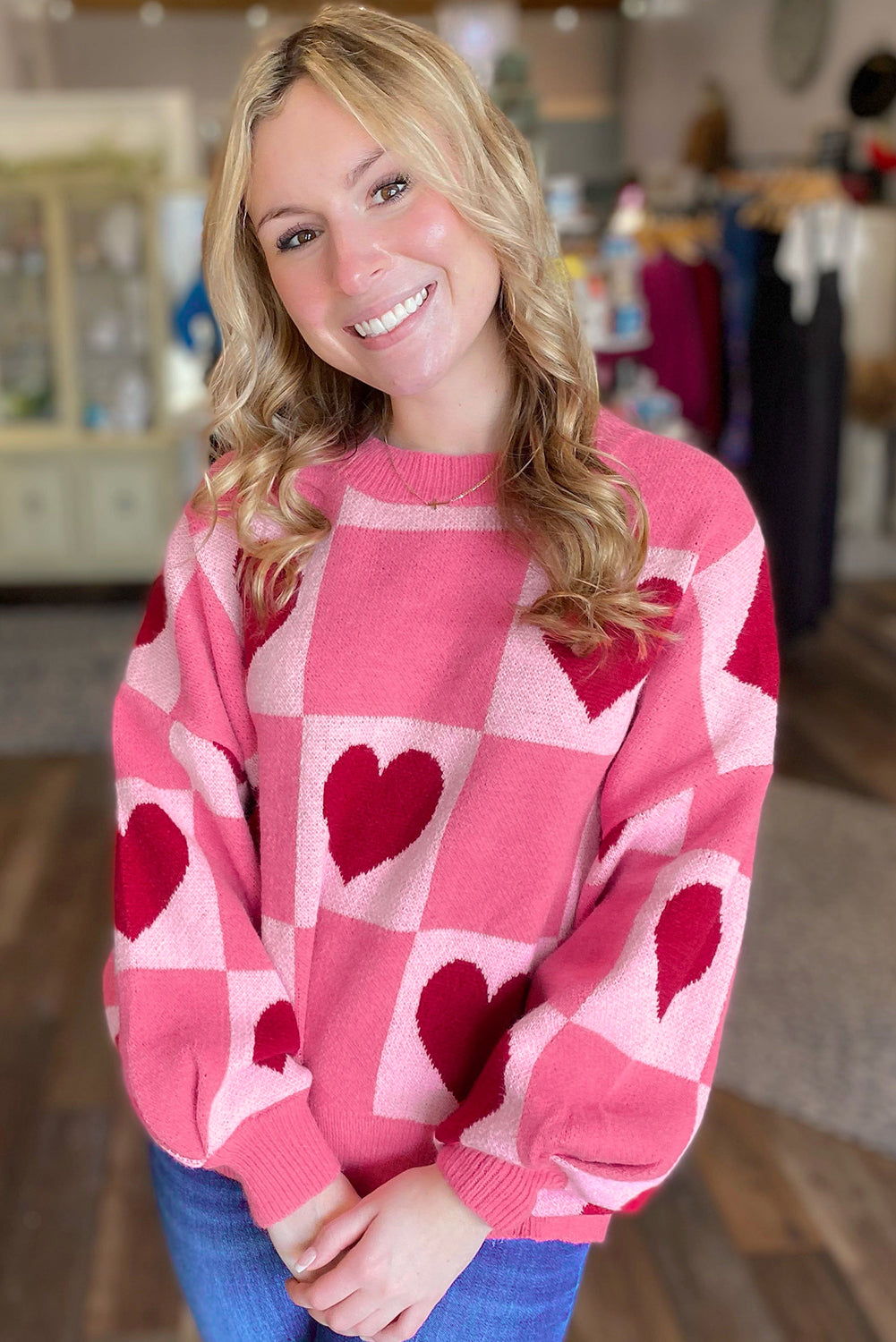 Pink Heart Checkered Crewneck Sweater