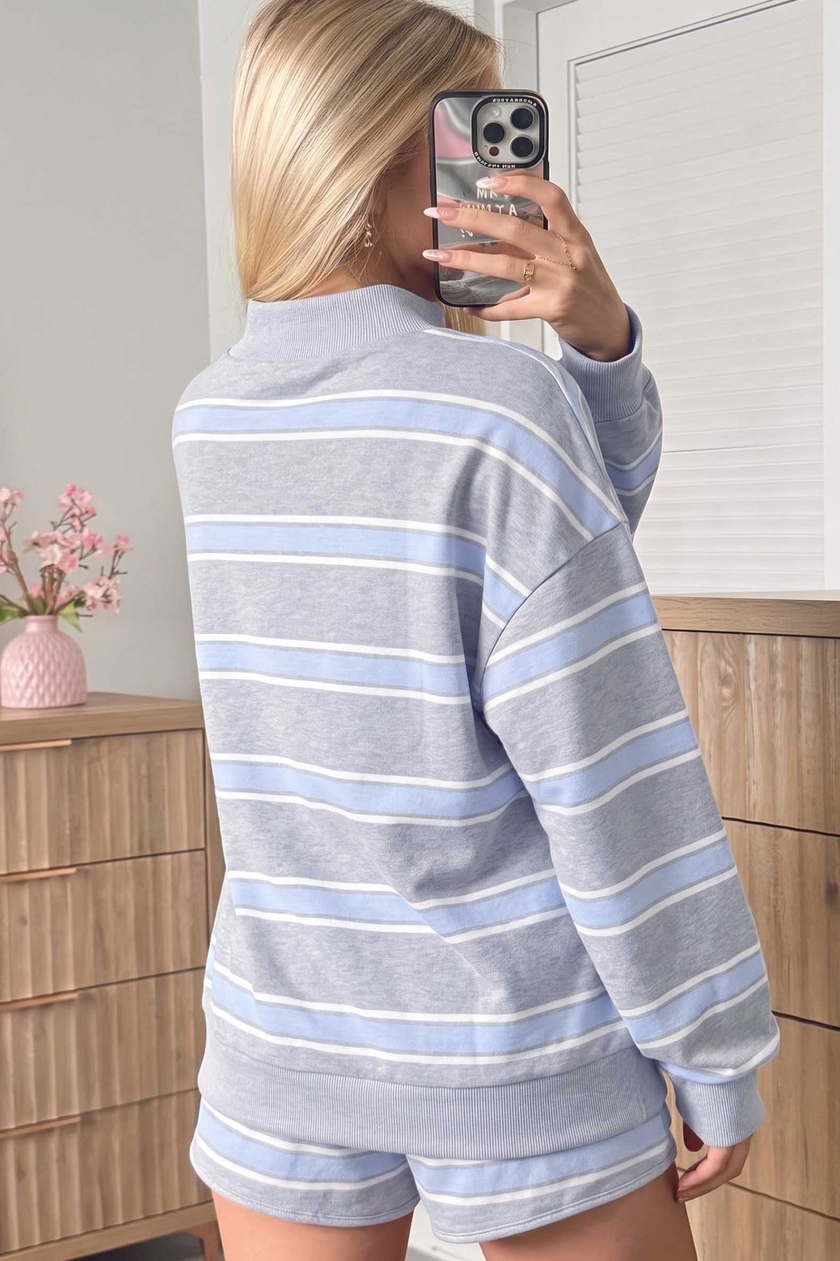 Sky Blue Striped High-Neck Top & Shorts Set