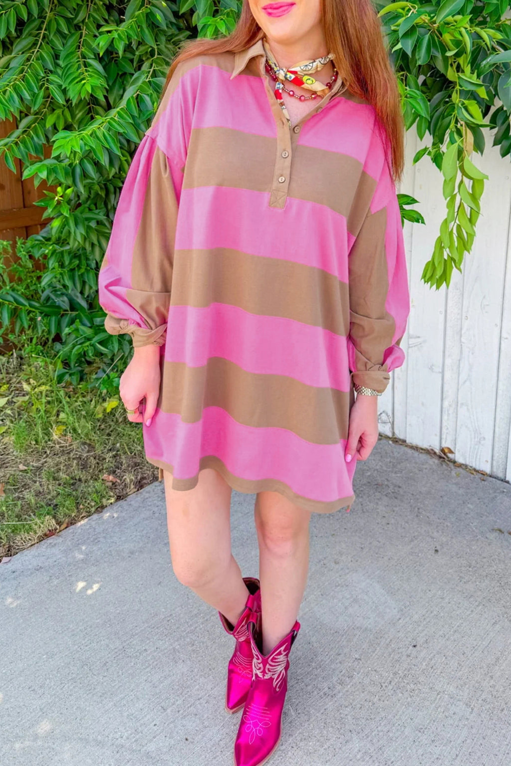 Rose Striped Button-Detail Long-Sleeve Mini Dress from ARVELA