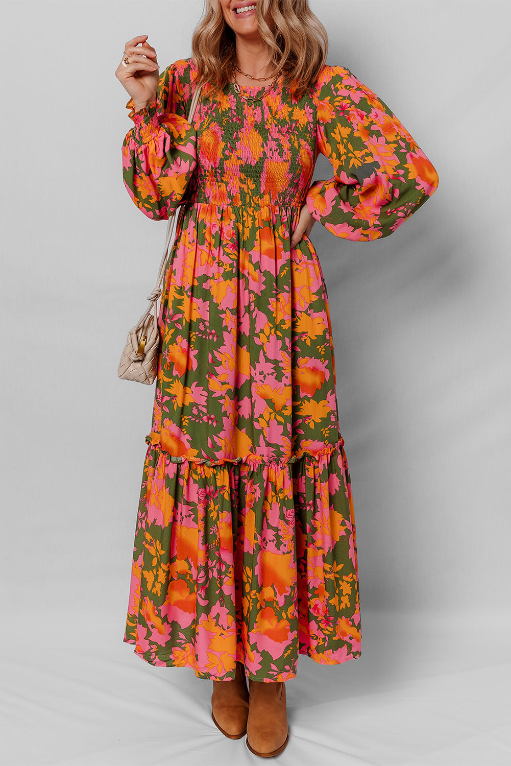 Orange Floral Smocked Puff-Sleeve Maxi Dress