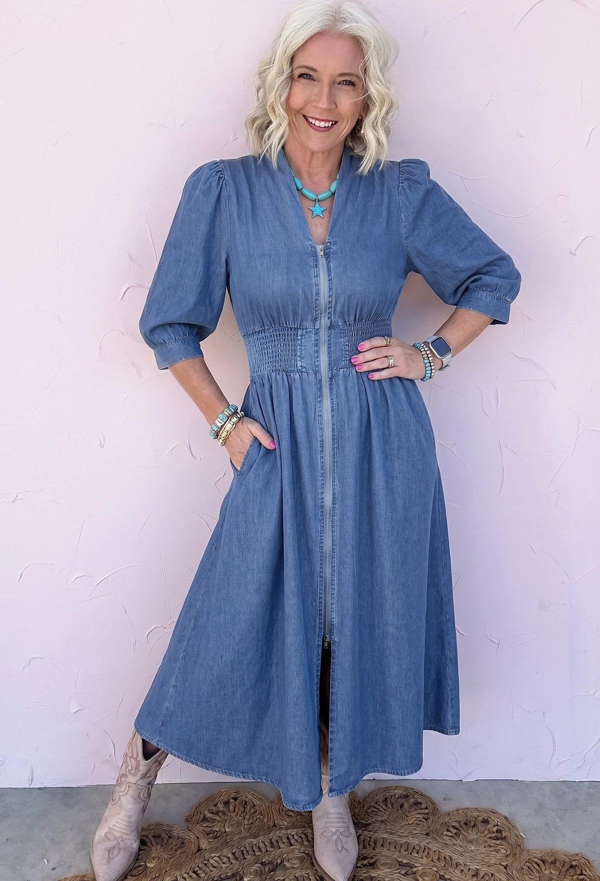 Blue V-Neck Zip-Front Denim Midi Dress