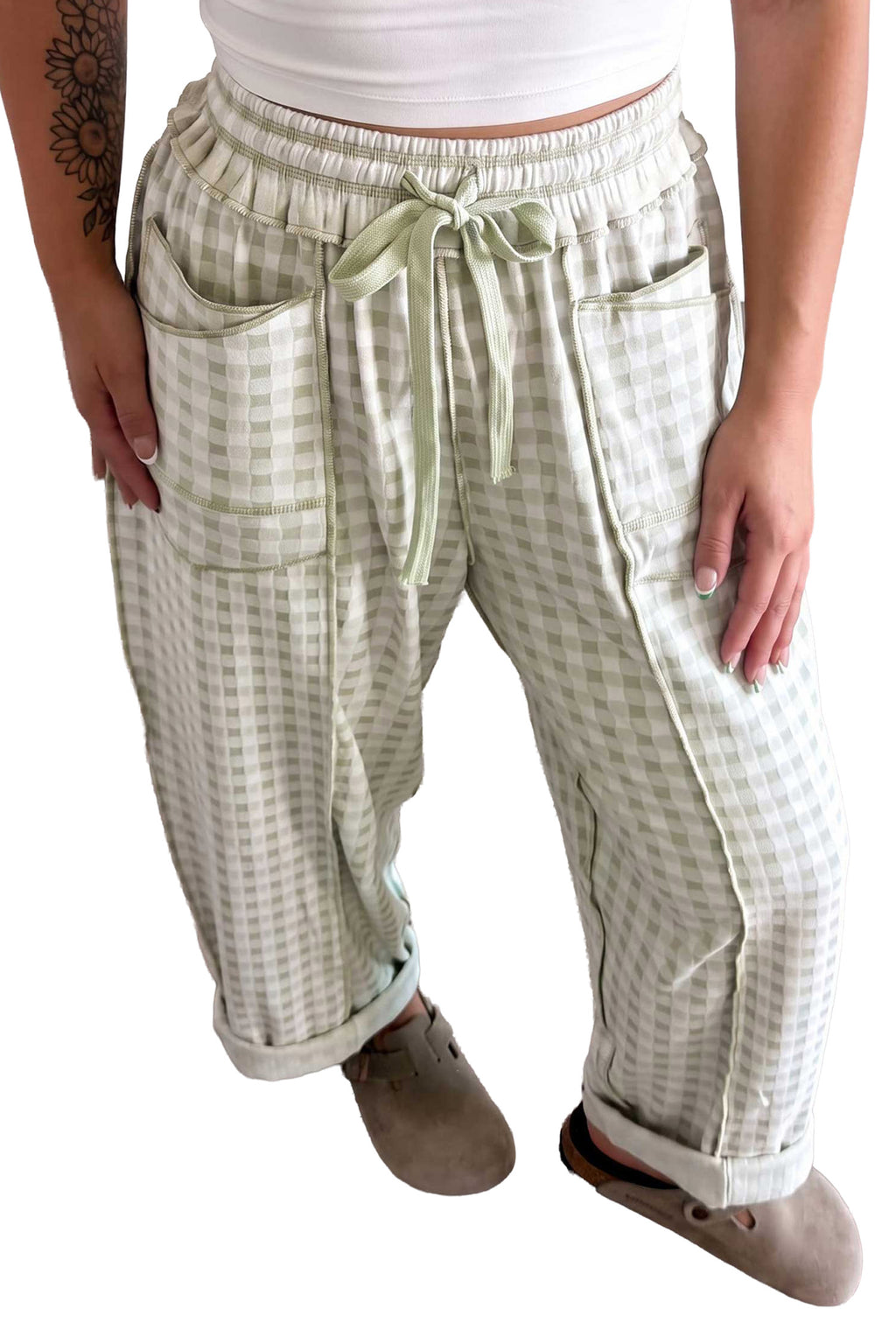 Brown Plaid Drawstring Casual Pants