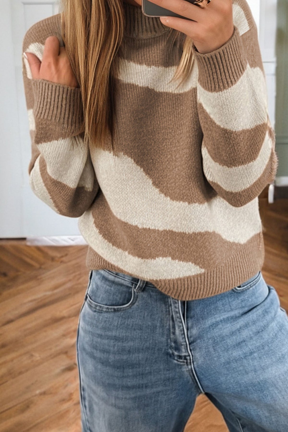 Dark Khaki Abstract Mock-Neck Knit Sweater from ARVELA
