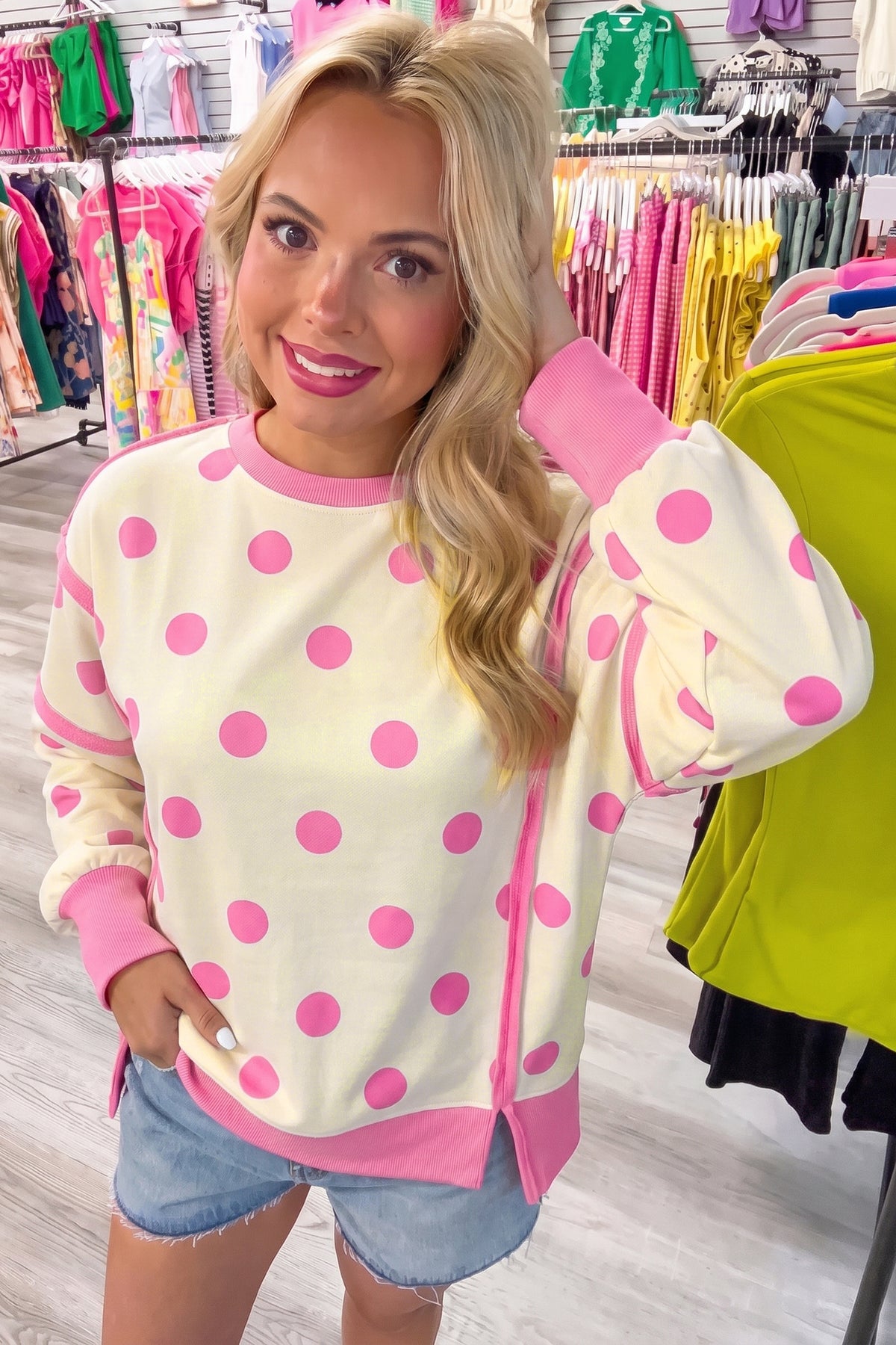 Yellow Polka Dot Patchwork Oversized Sweatshirt