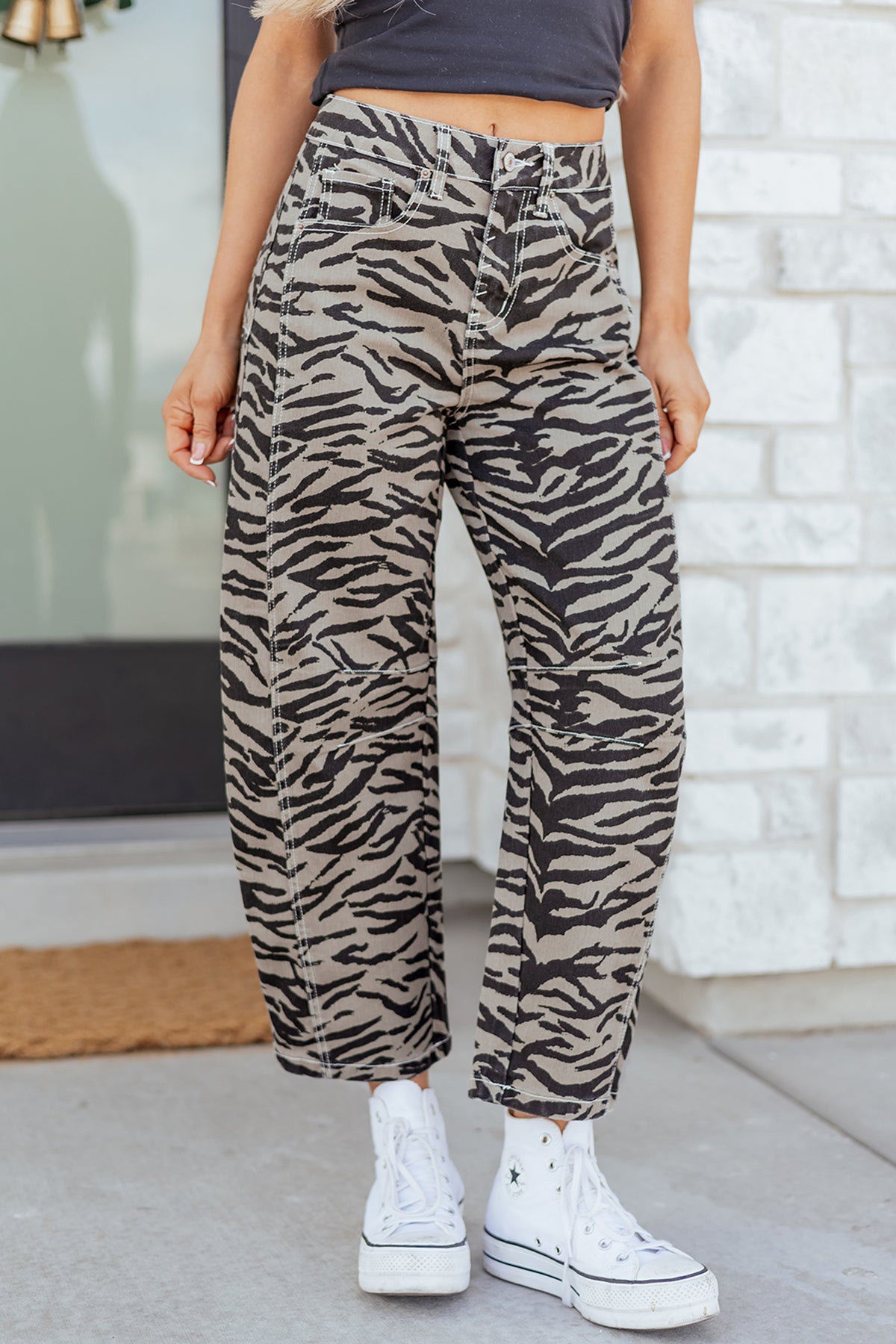 Gray Zebra-Print Barrel-Leg Jeans