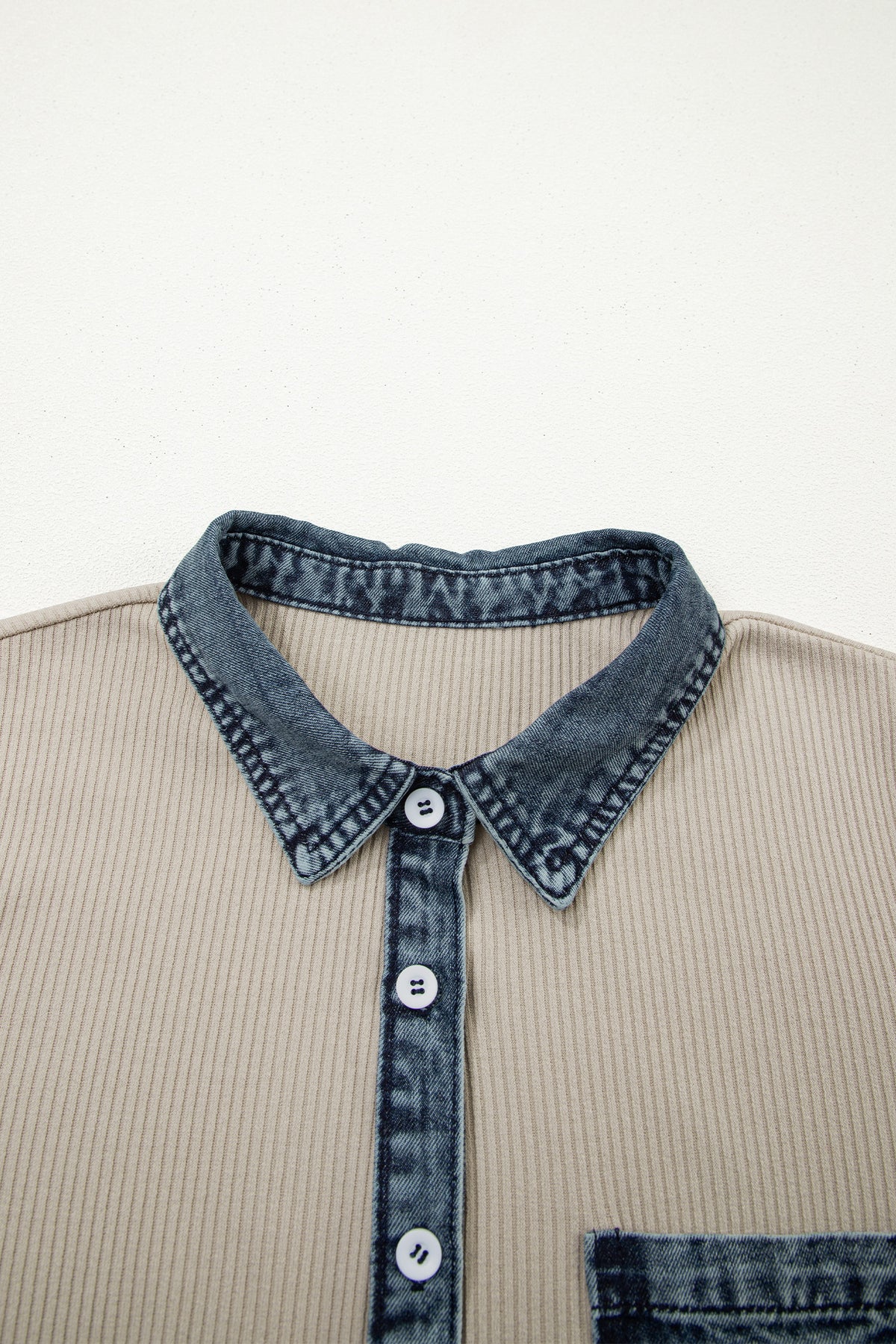 Beige Ribbed-Knit Denim-Panel Polo Dress