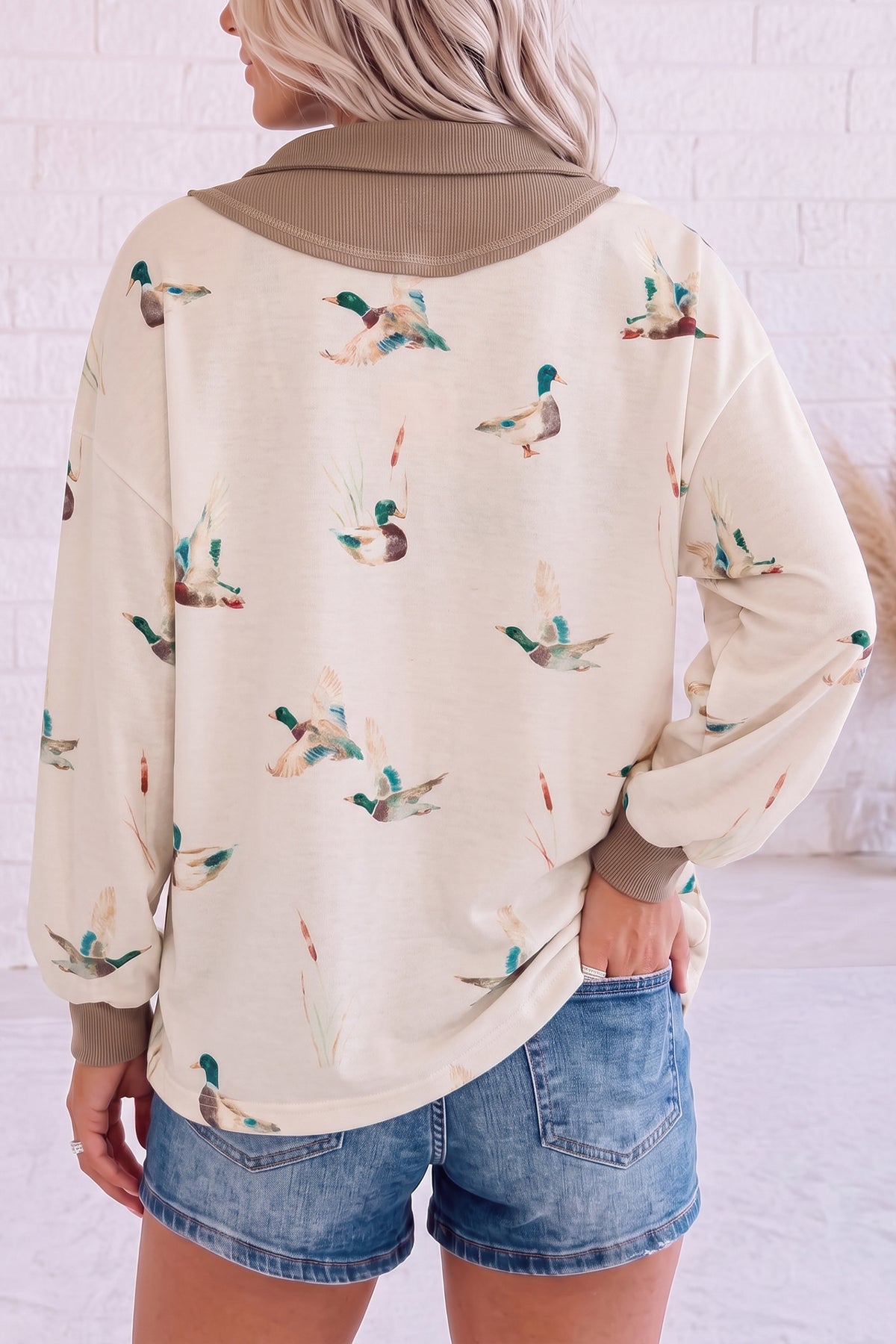 Beige Duck-Print Colorblock Zip-Neck Top