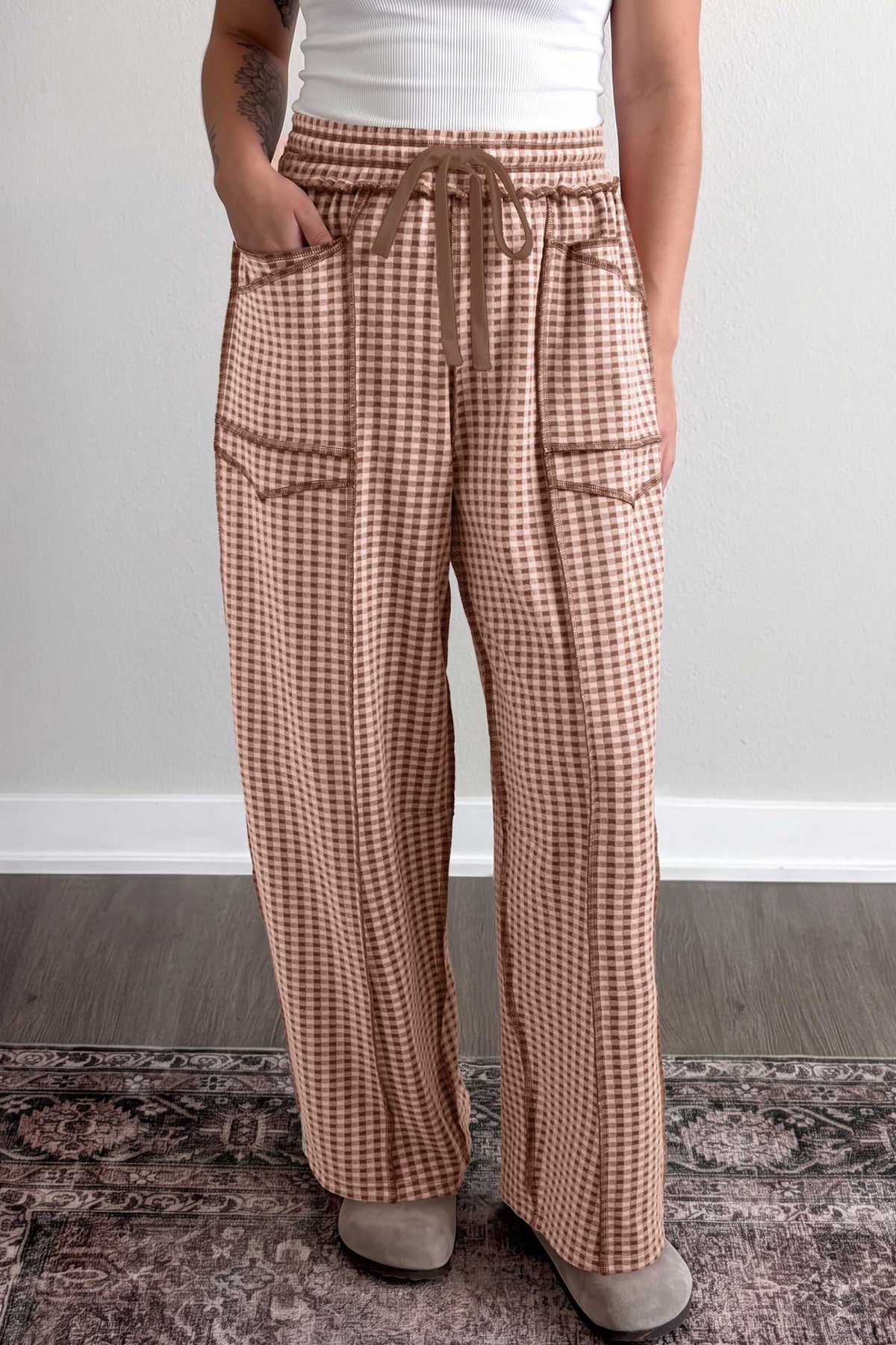 Brown Plaid Drawstring Casual Pants