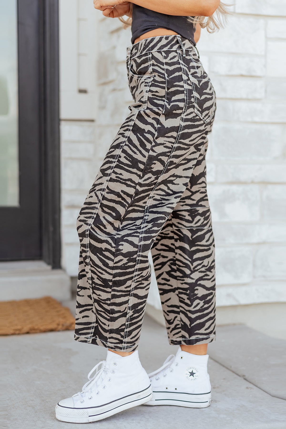 Gray Zebra-Print Barrel-Leg Jeans