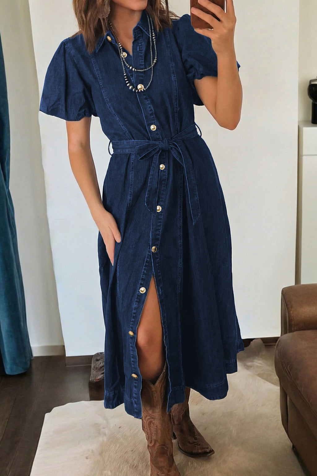 Blue Button-Front Puff-Sleeve Denim Midi Dress
